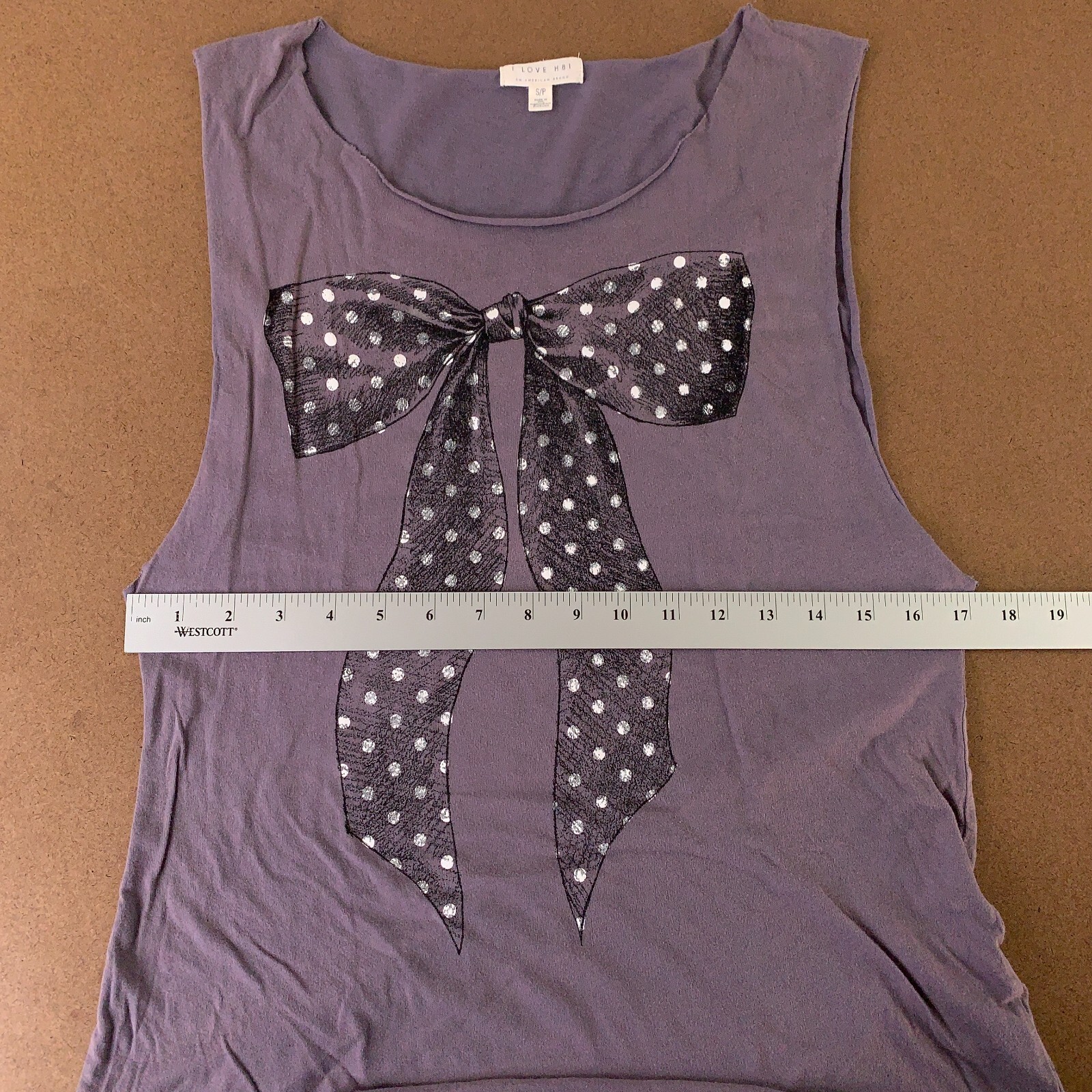 I Love H81 Women’s Size Small Purple Bow Graphic Distressed Pullover Tank Top