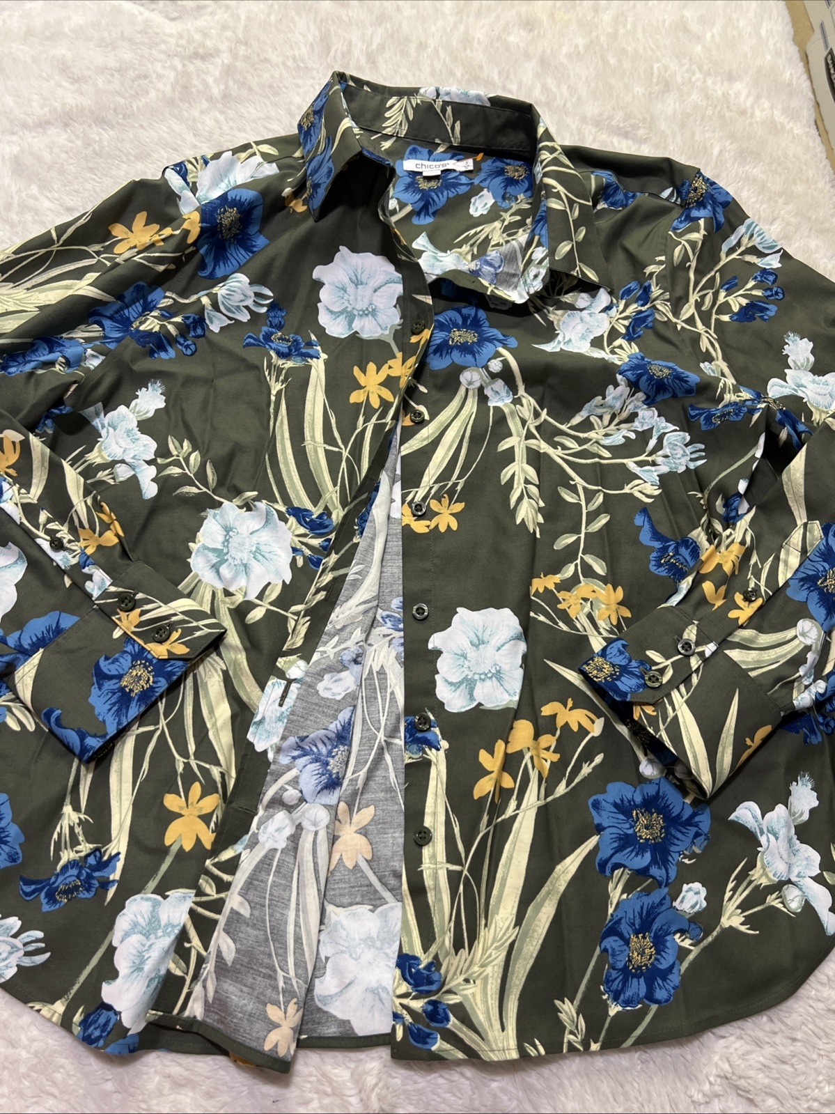 Chicos Sateen Floral Button Front Blouse Olive Green Background Collar Sz 3 (16)