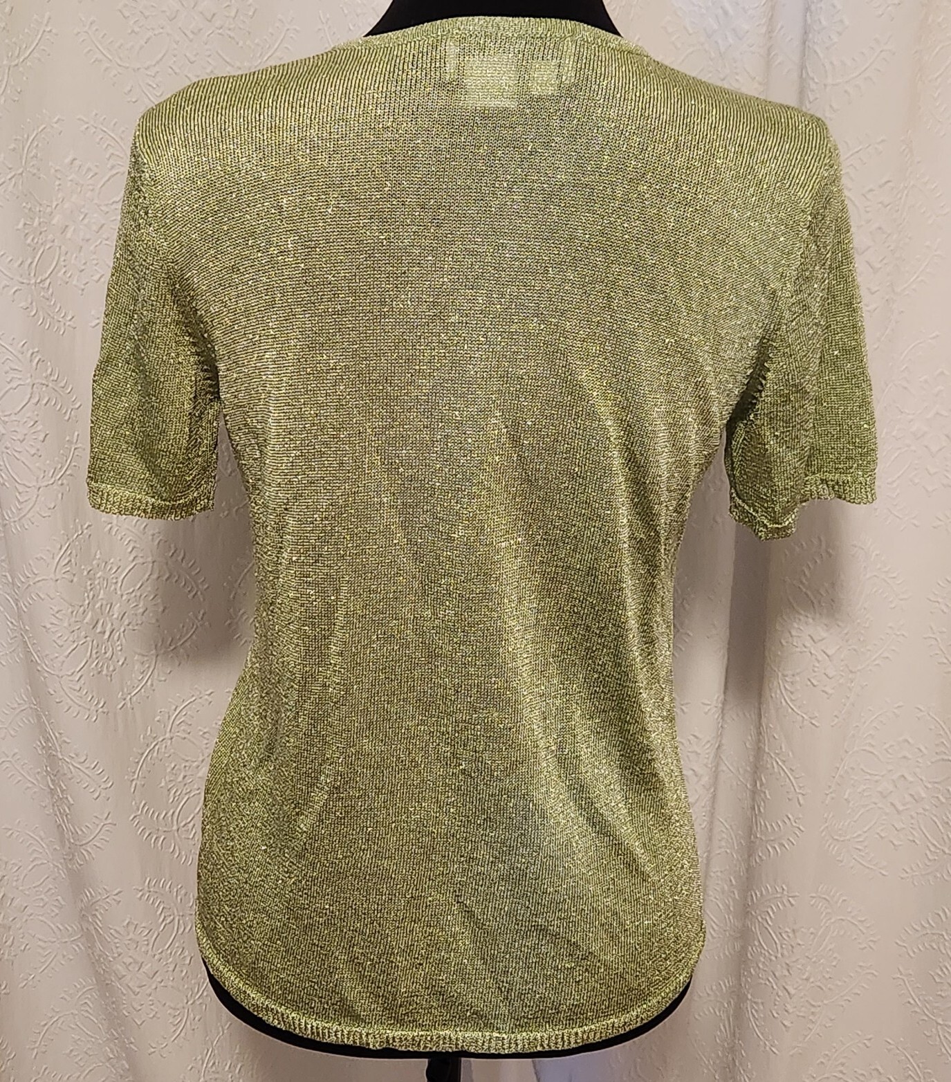 Saks Fifth Avenue Women’s Petite M Light Green Metallic Short Sleeve Knit V-Neck