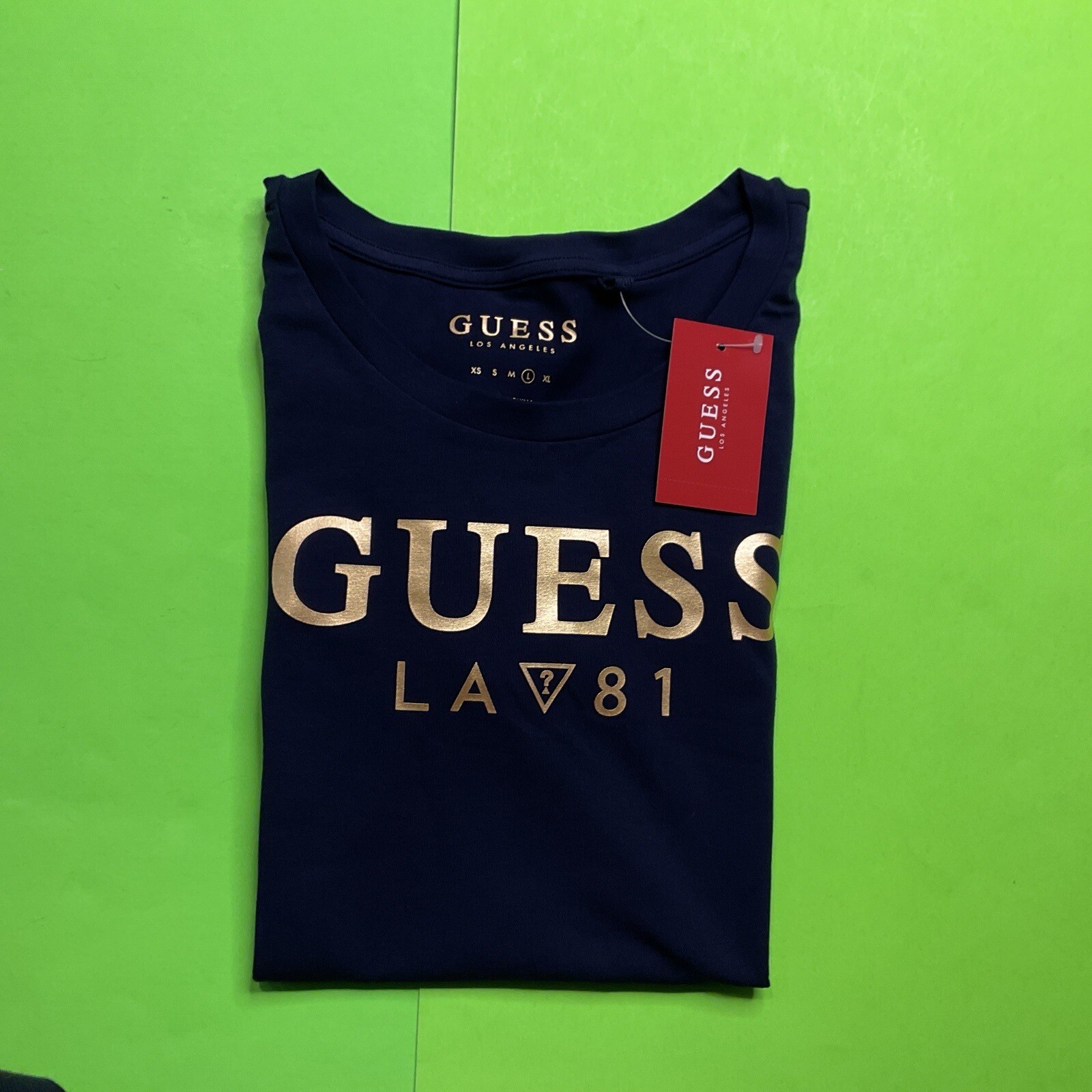 GUESS Los Angeles Women’s Short Sleeve T-Shirt LARGE Navy Blue w/Gold NEW