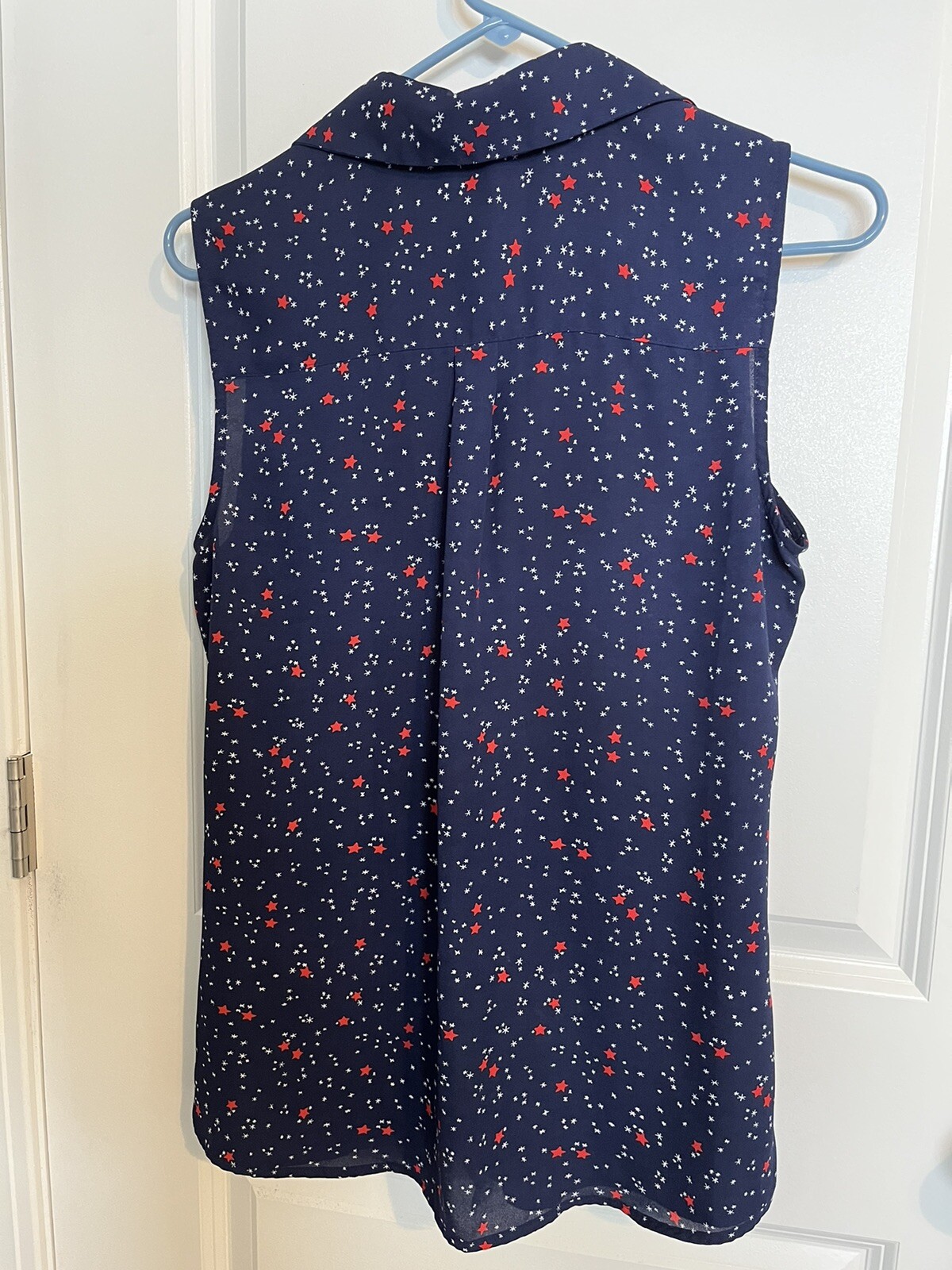Relativity Blouse Shirt S Navy Blue Red White Stars Sleeveless Americana Button