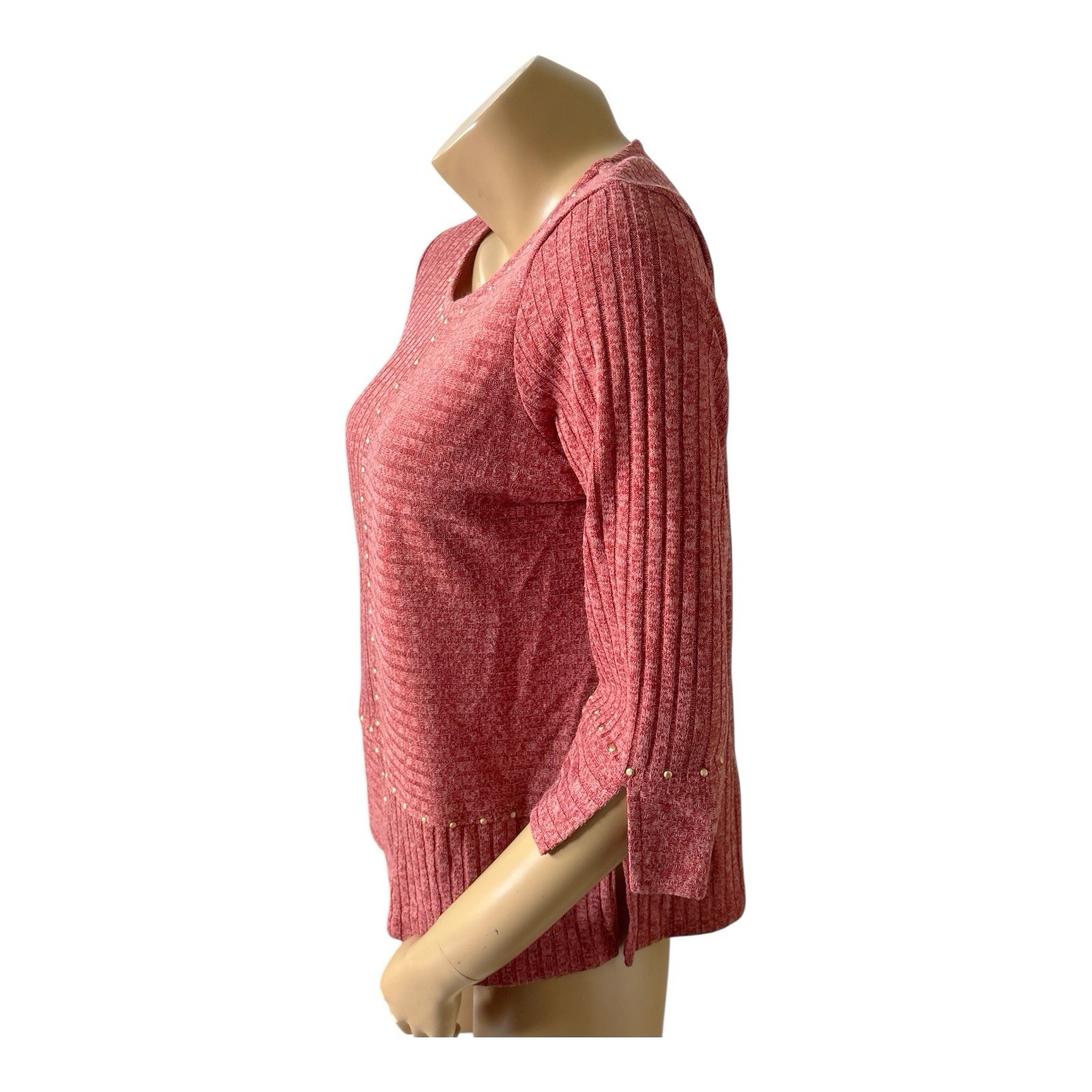 Alfred Dunner Top Womens Petite PM Brick Red Ribbed Studded 3/4 Sleeve Stretch