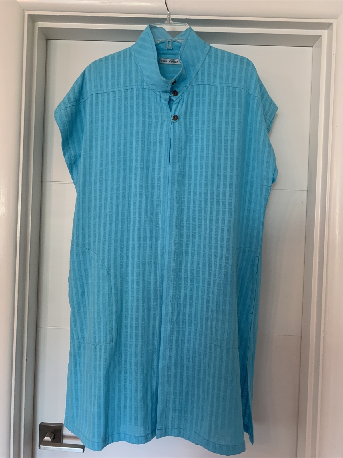 YASUKO KURISAKA ONE SIZE TURQUOISE DUSTER JACKET TEXTURED STRIPED 100% COTTON