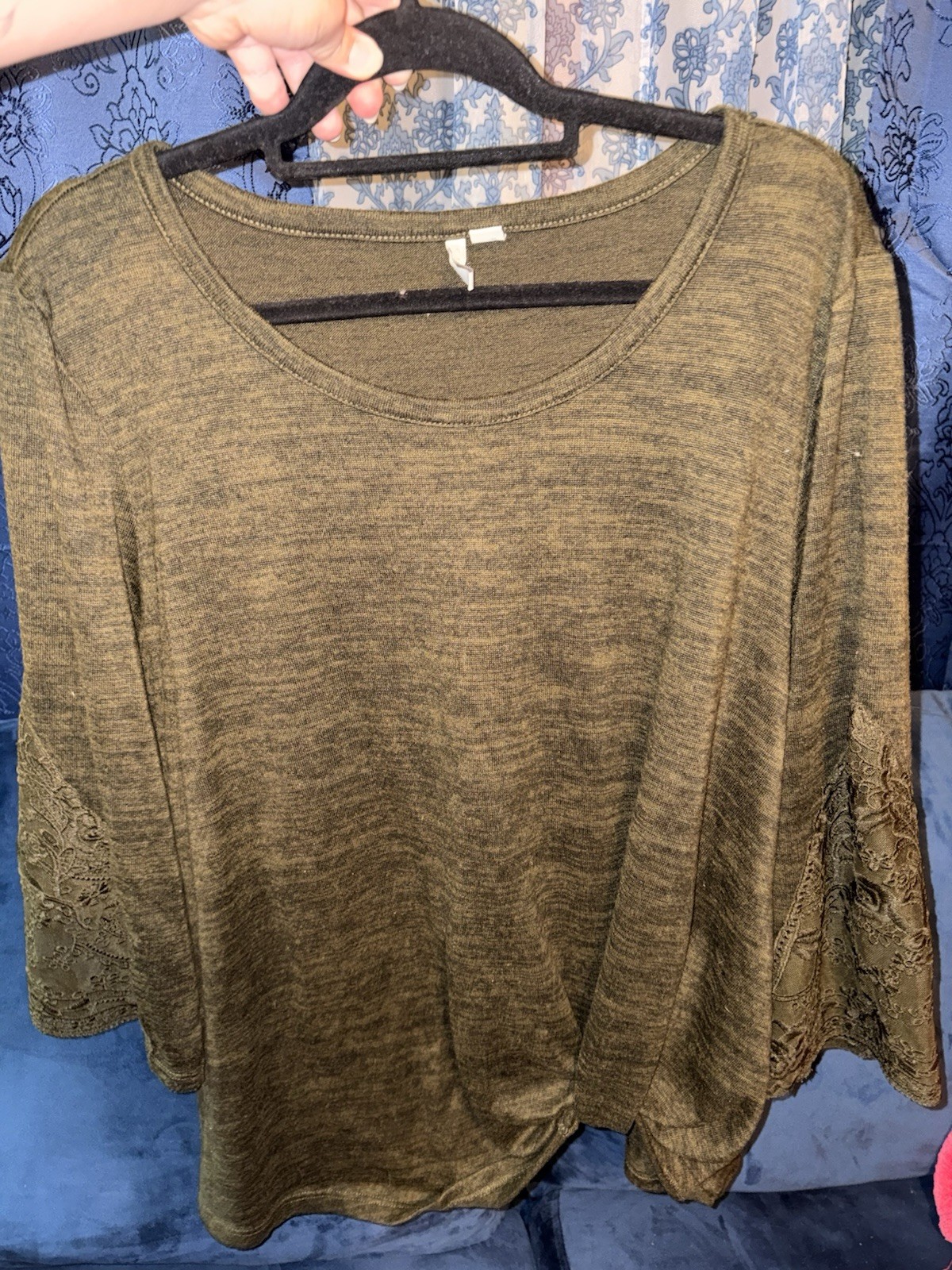 Green Solid Scoop Neck 3/4 Sleeve Knit Lace Pullover Top Womens XL Regular