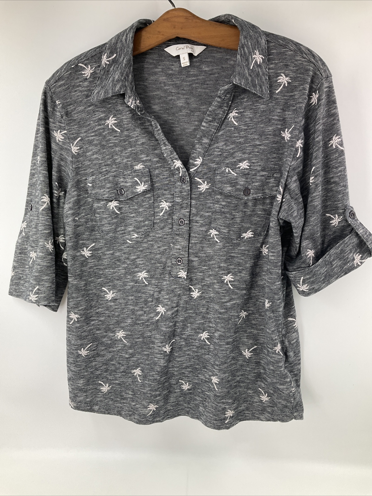 Coral Bay Womens Top S Black & Gray Palm tree V-Neck Three Buttons Roll Sleeve