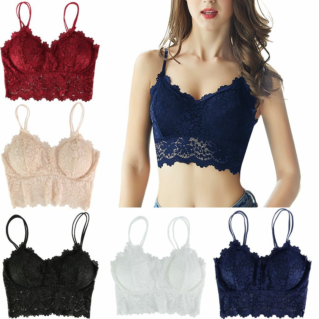 Women Sexy Lace V Neck Padded Lingerie Crochet Bralette Bra Crop Top Cami Tank