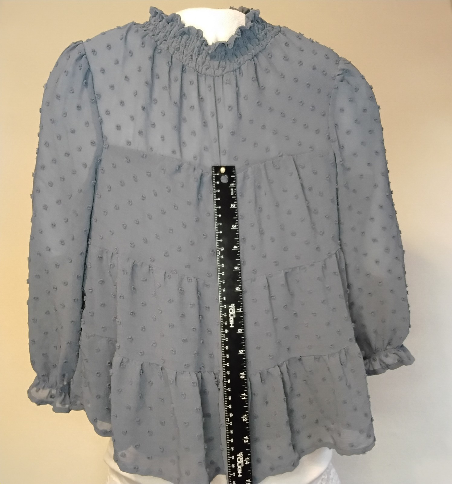 Monteau LA Boho WomensLg Top Dusty Blue Peplum Chiffon Peasant Sleeves Ruffle