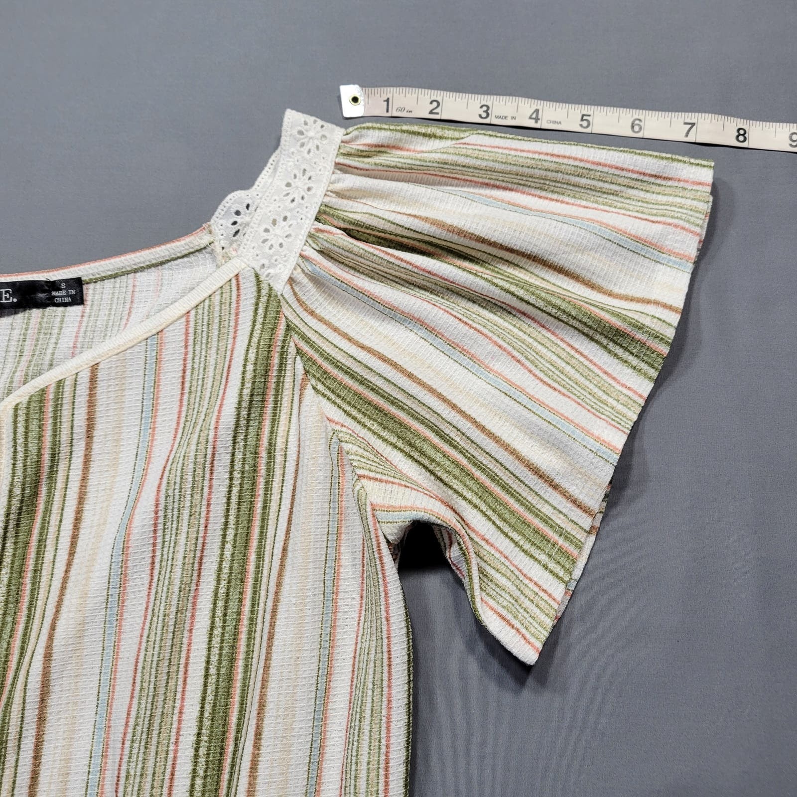Cure Tan Shirt Stretch Striped Short Sleeves V-Neck Y2k Prairie Top Women Size S
