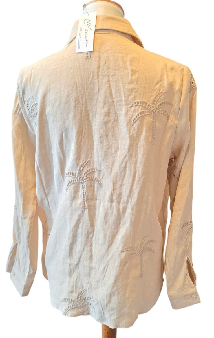 NY Collection Women’s Medium Linen Blend Palm Tree Button Down Shirt Beige NWT