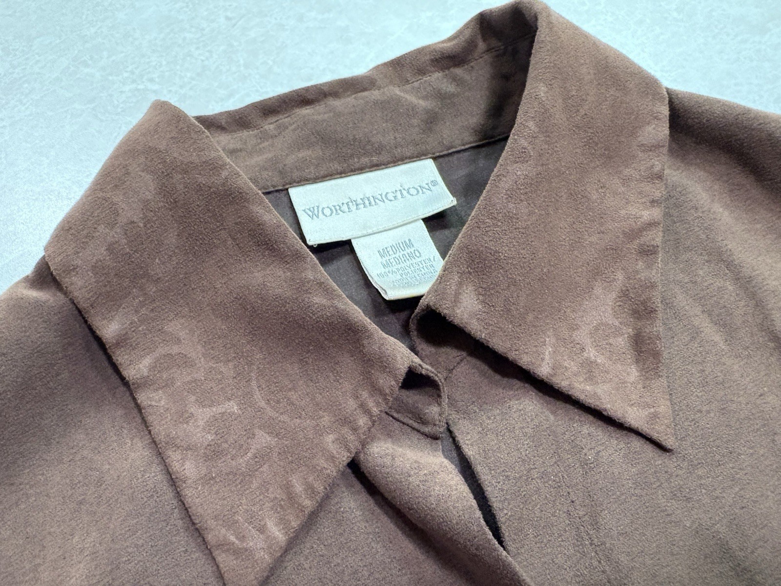 Worthington Womens Brown Suede Floral Collared Long Sleeve Button-Up Blouse M