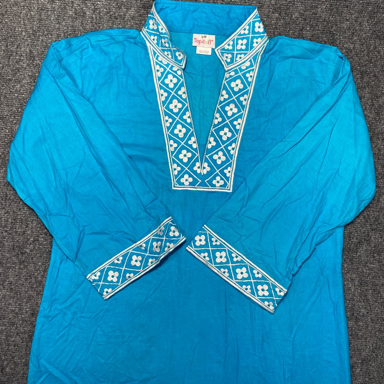 Top it Off Tunic Womens Small Blue WhiteThree Quarter Sleeve V Neck Cotton