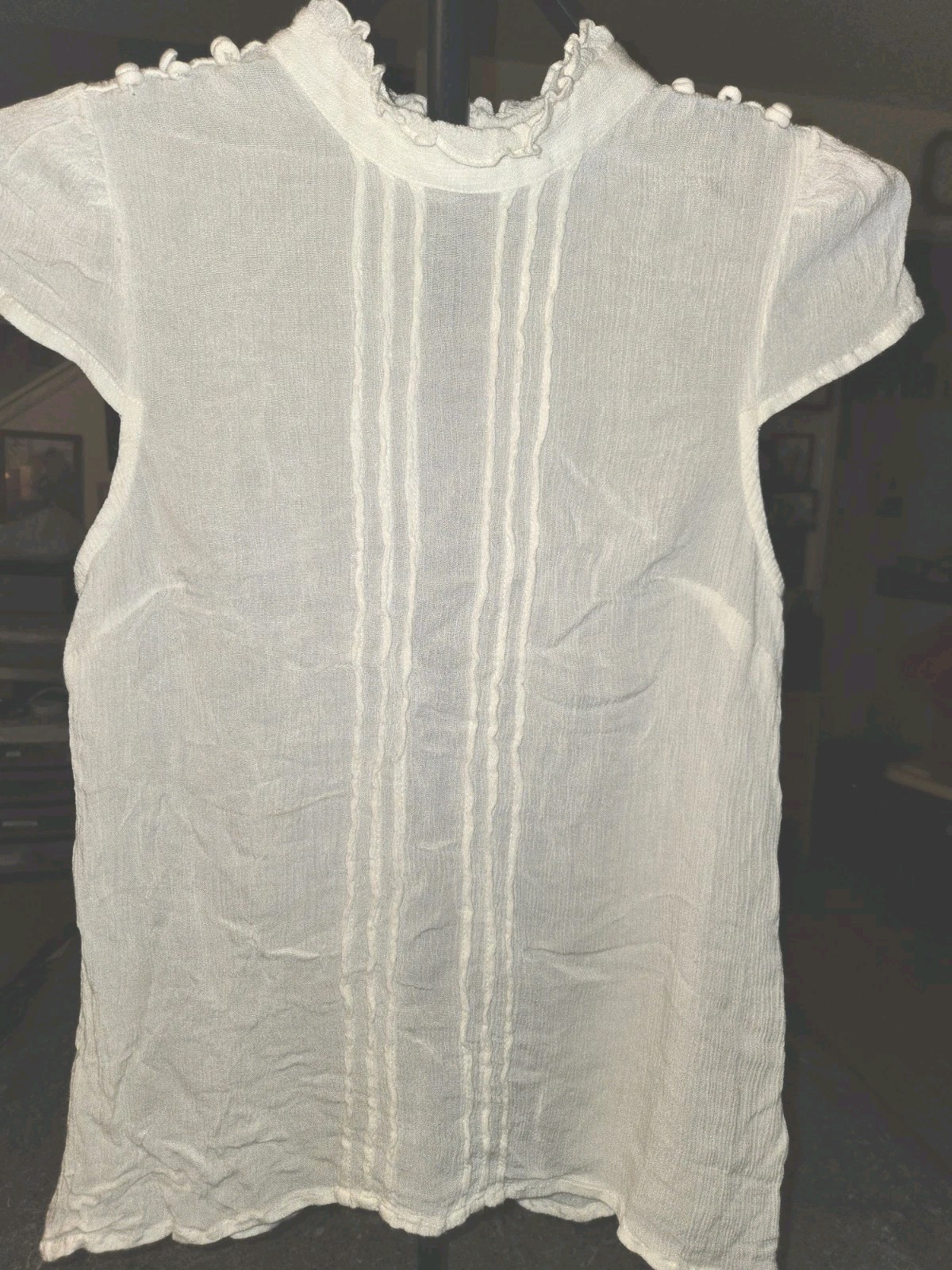 perimeter M White Viscose Ruffle High Neck Zip Back Short Sleeve Blouse