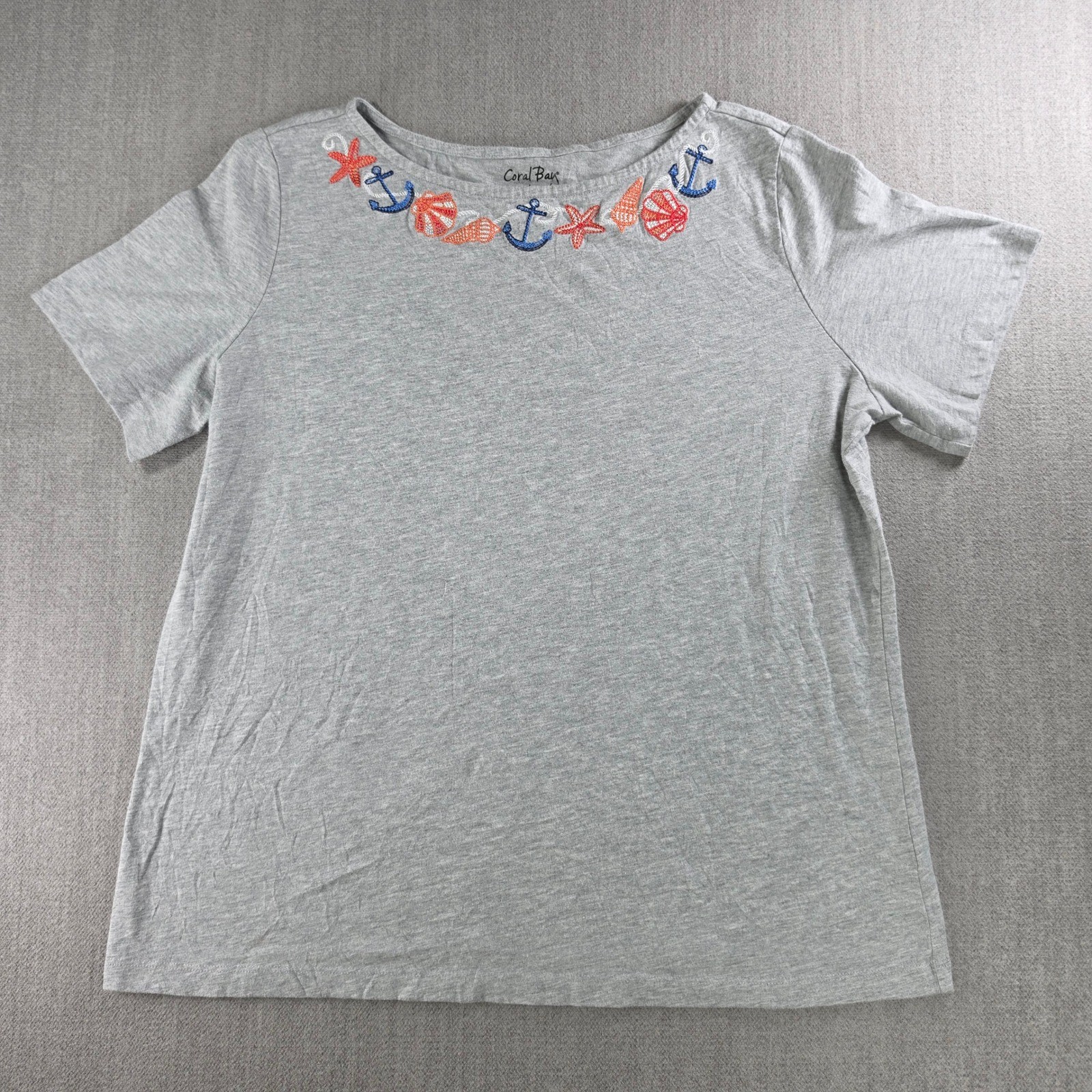 Coral Bay T-Shirt Women Large Gray Nautical Embroidered Anchor Starfish Shells
