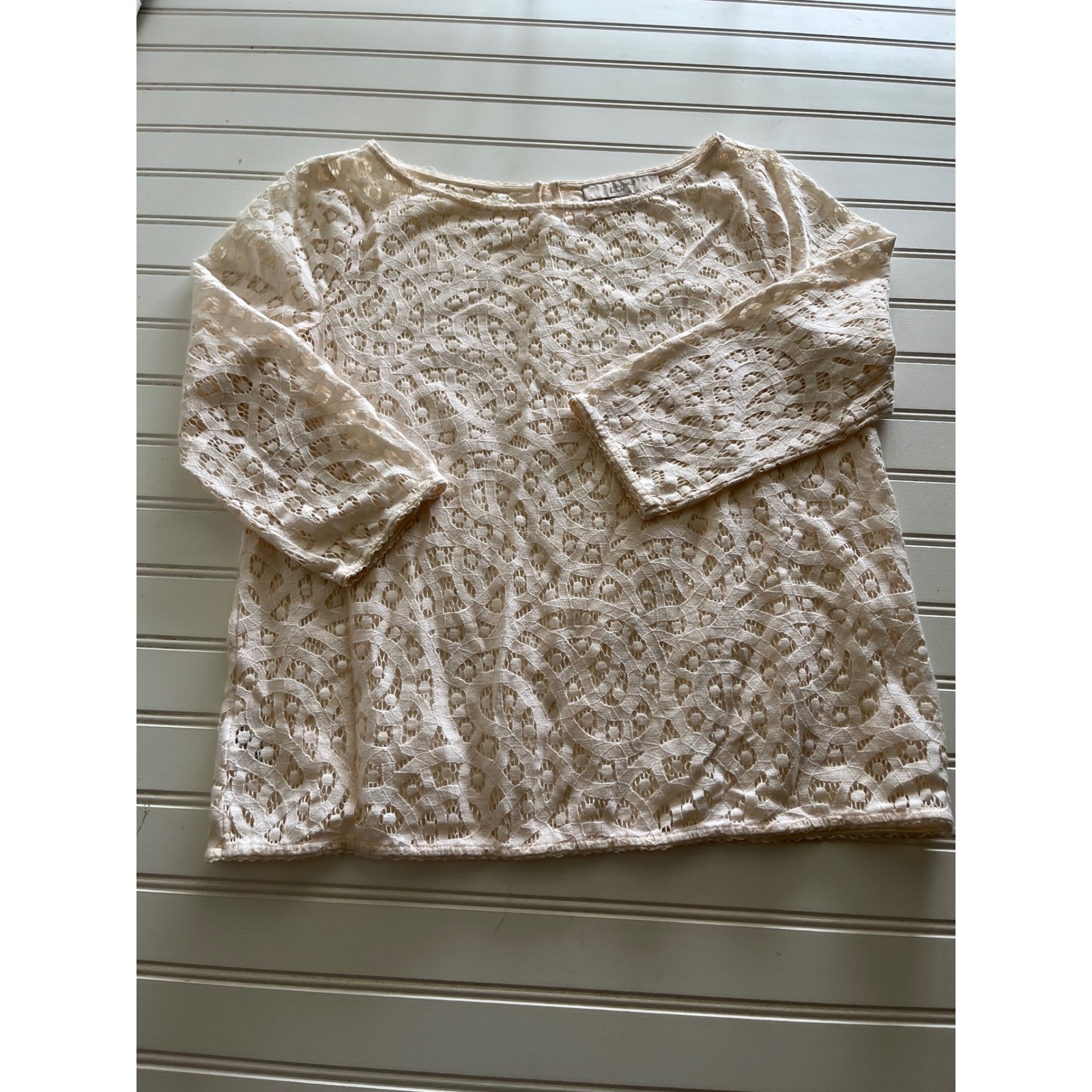 LOFT Cream Lace Blouse 3/4 Sleeve Boat Neck Geometric Floral Top Womens Small
