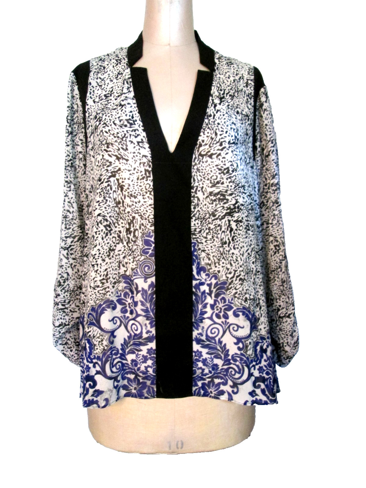 NICOLE MILLER BLACK/WHITE/PURPLE L/S TUNIC TI-BACK SLV SZ XL EXC COND! LITEWGT!