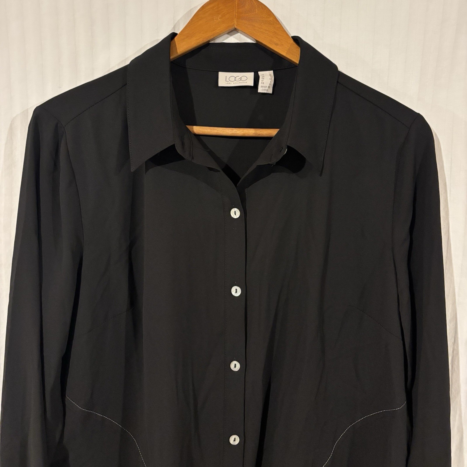 LOGO Lori Goldstein Tunic Button Up Black Sz Medium Contrast Stitches NN-21