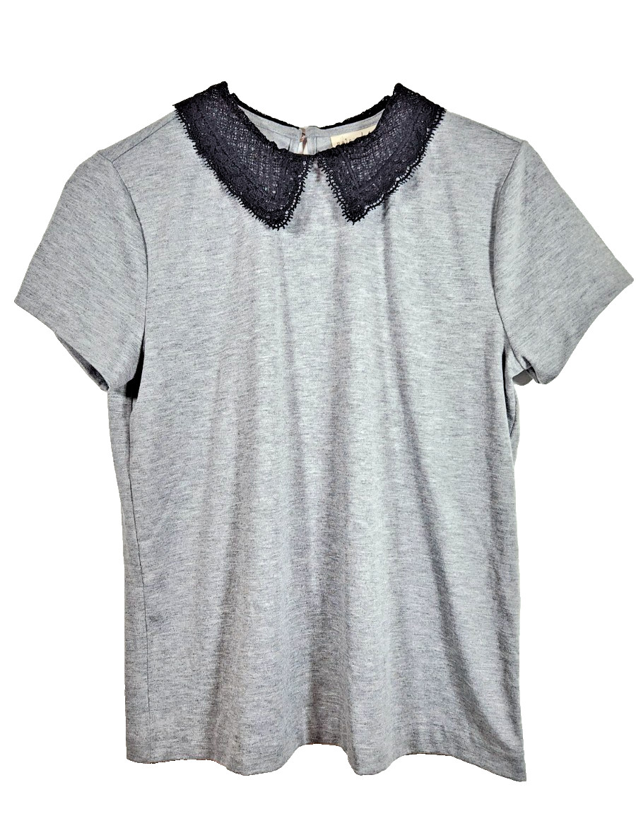 Maison Jules Top – Women’s Small Grey – Lace Peter Pan Collar T Shirt – LUXE