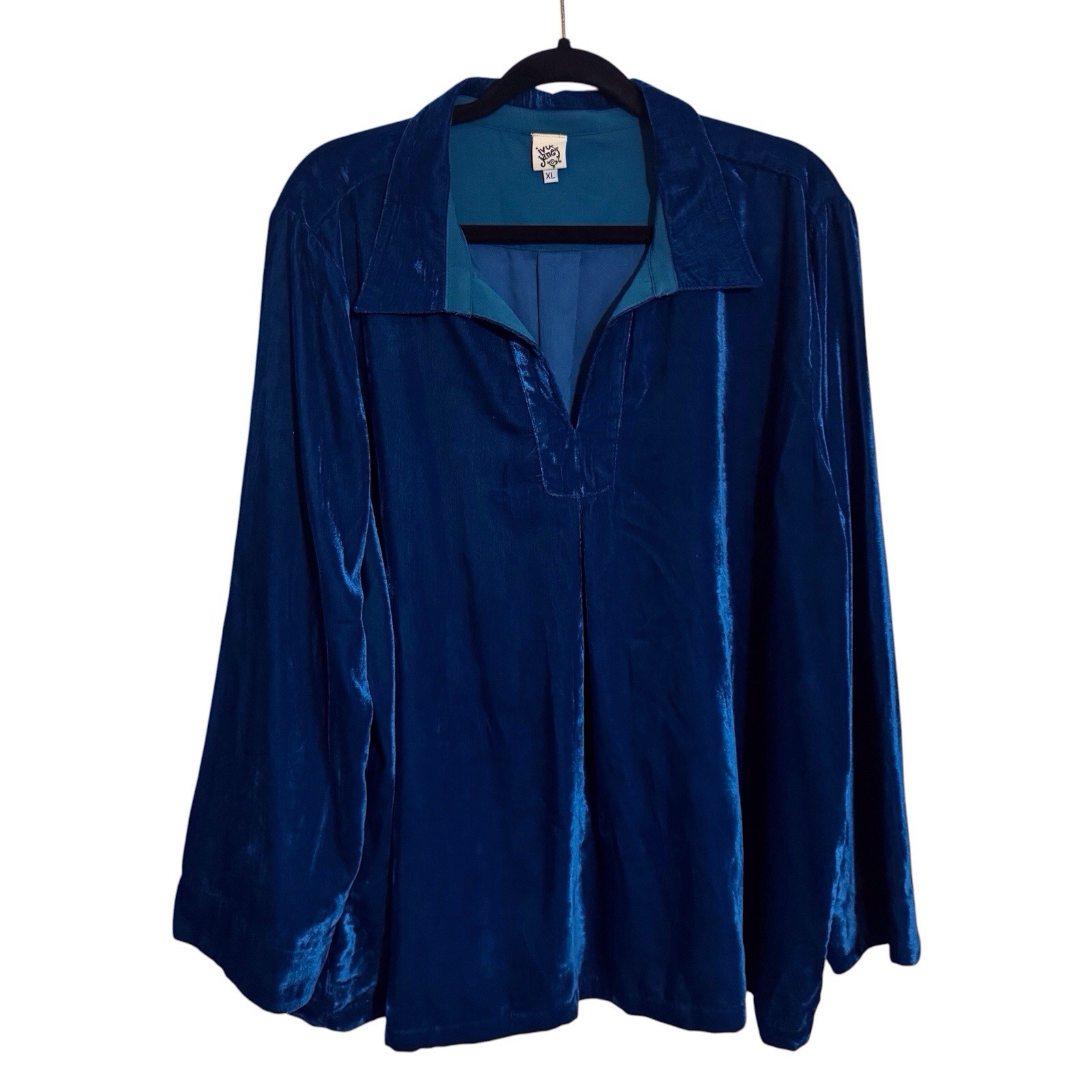 Ivy Jane Size X-Large Blue Velvet Boho Top Long Sleeve Blouse V-Neck Collared