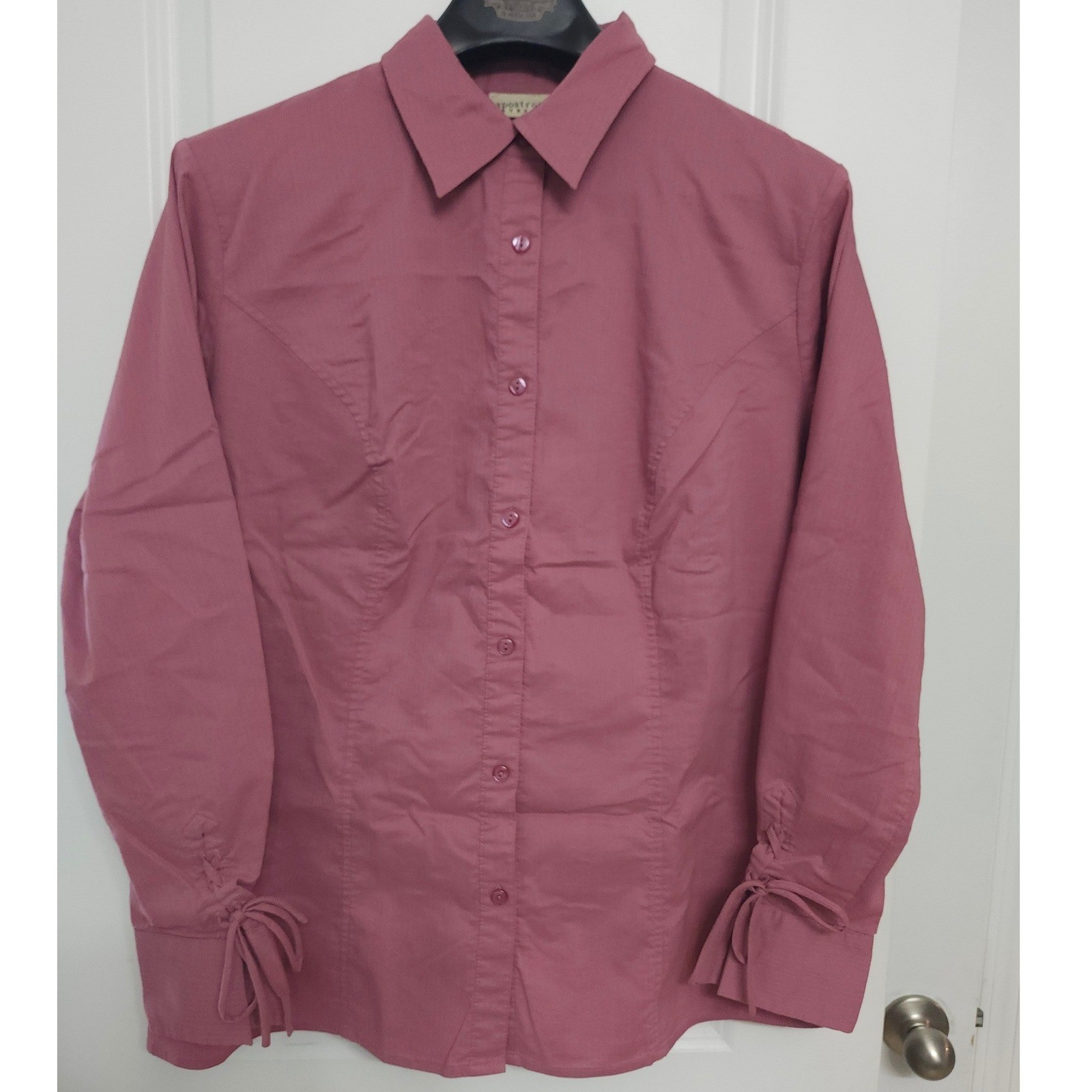 Apostrophe Stretch Pink Button Up Blouse Lace Up Tie Cuffs Plus Size 16W