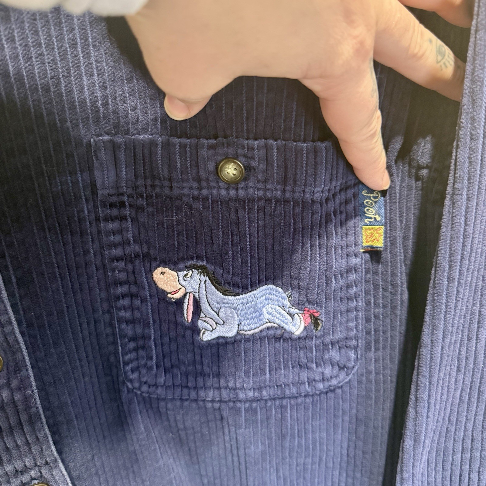 VTG 90s Disney Pooh Blue Corduroy Embroidered Button Up Shirt Eeyore Piglet XL