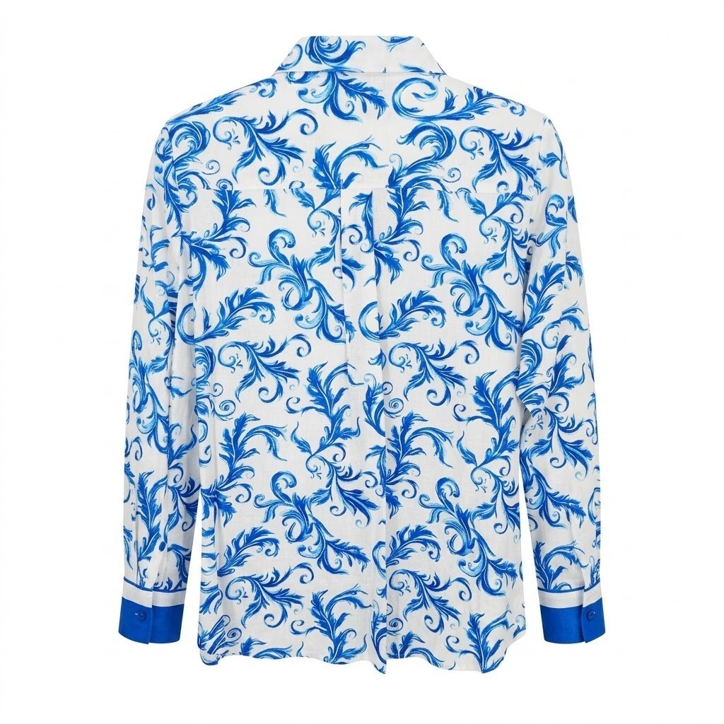 NEW Investments Woman 3X Blue White Scroll Stretch Linen Button Down Shirt