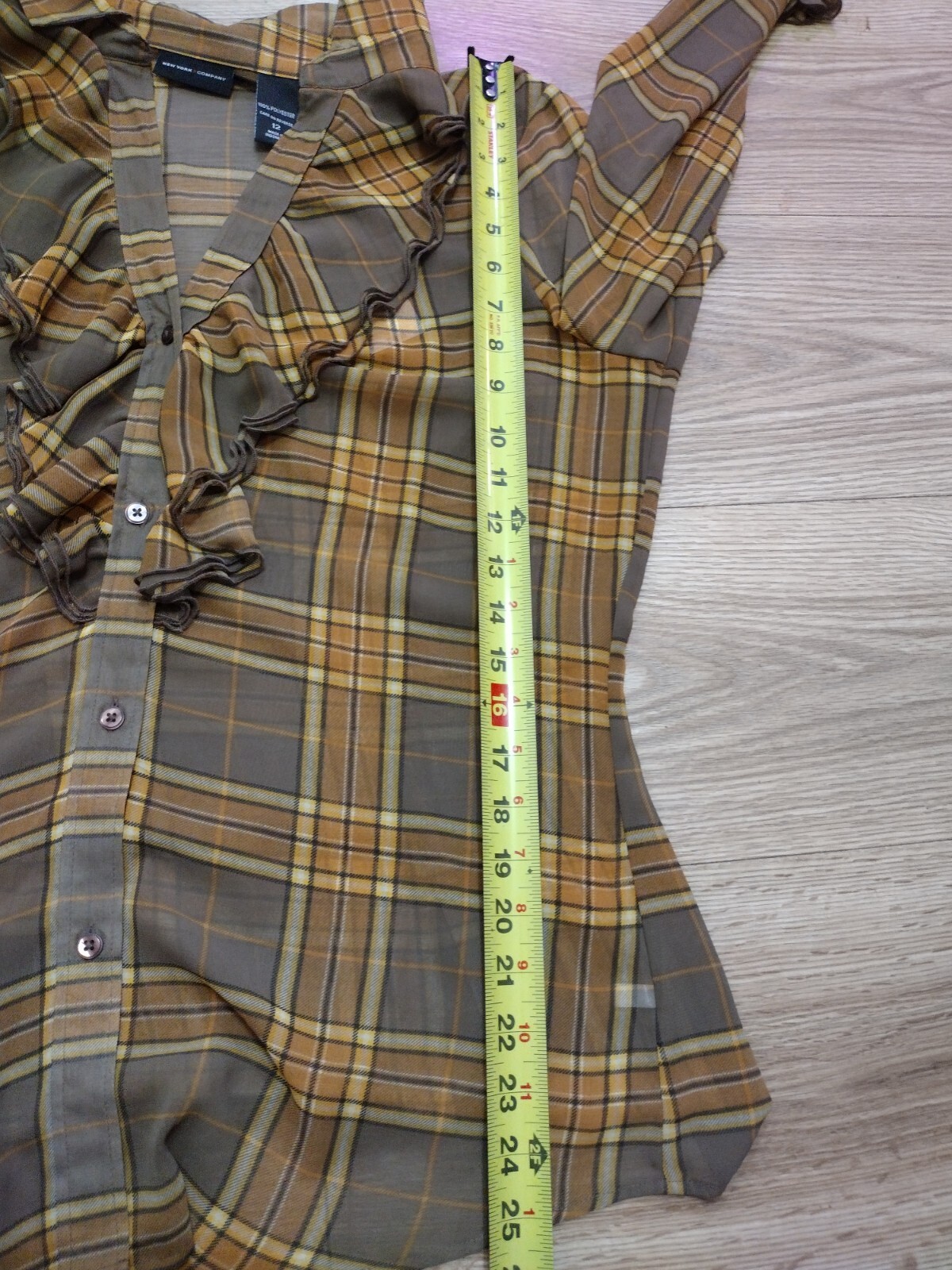 New Sheer Blouse New York & Company Shirt Top Brown And Gold Plaid Size 12 NWT
