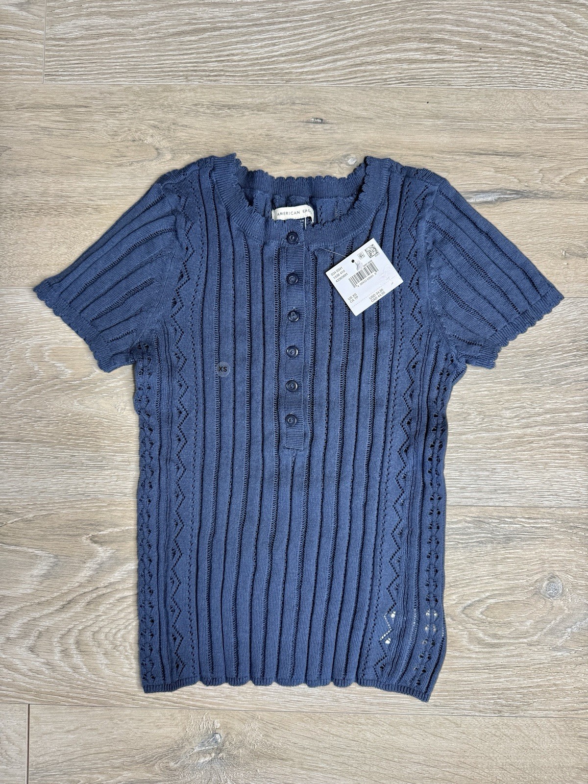 American Eagle Women XS Navy Blue Ribbed Knit Henley Top Short Sleeve | NWT