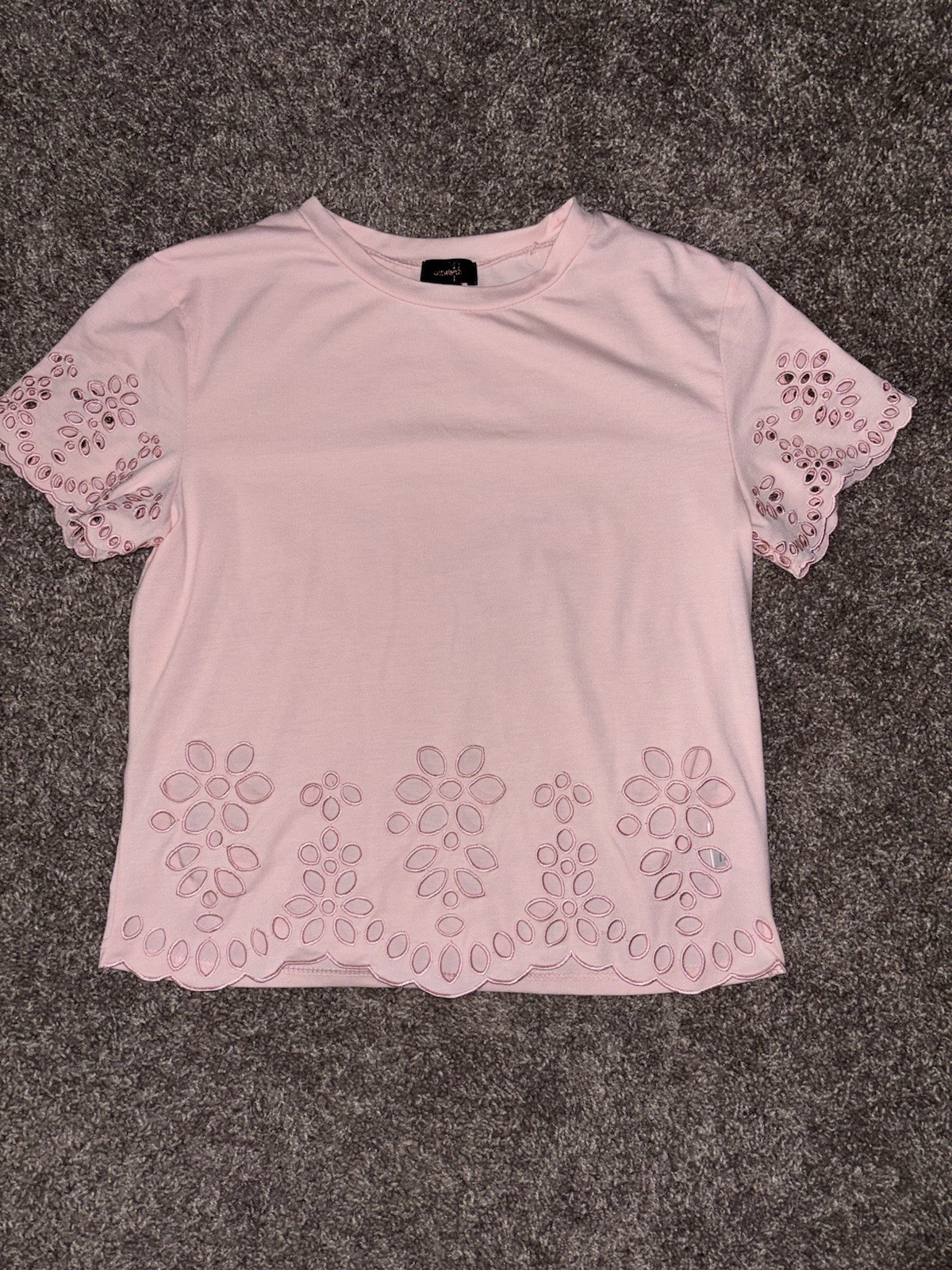 Pink Knit Crew Neck T-Shirt Floral Cutout Hem
