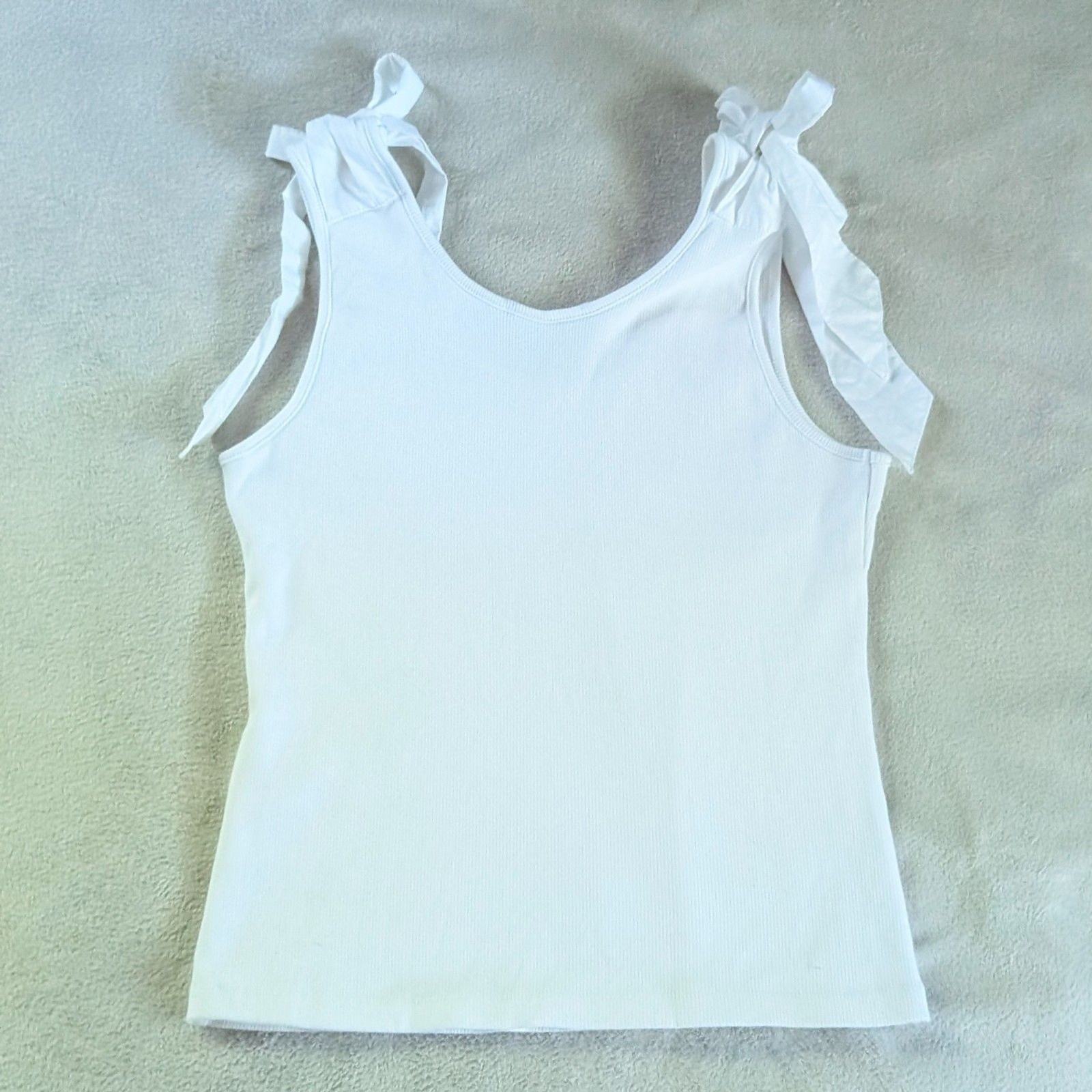 Ribbed Shoulder Bow Tank Top Women’s Large White Fitted Coquette