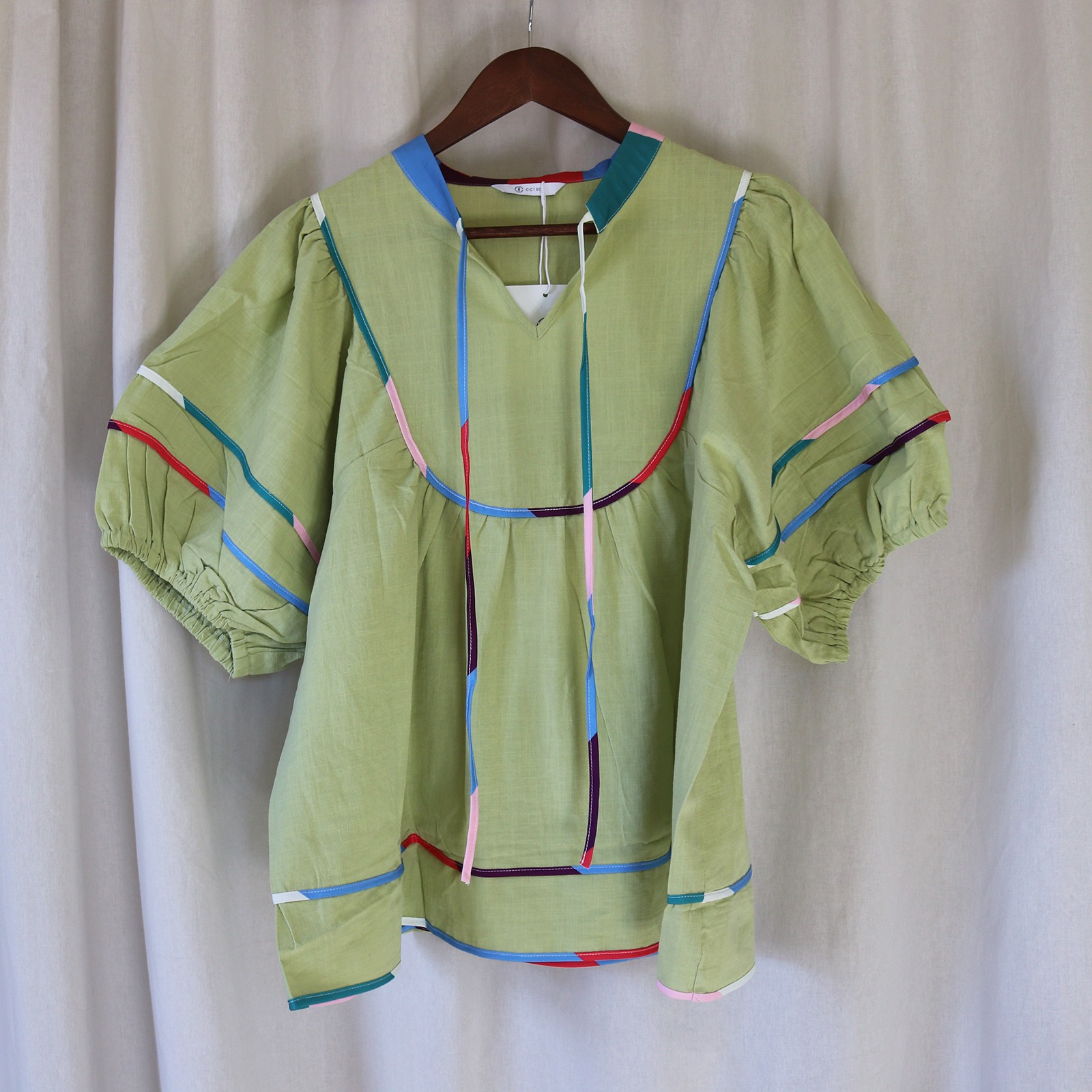Light Lime Green NWT Cicy Bell Work Well Woman’s Top Lantern Sleeve Cotton L
