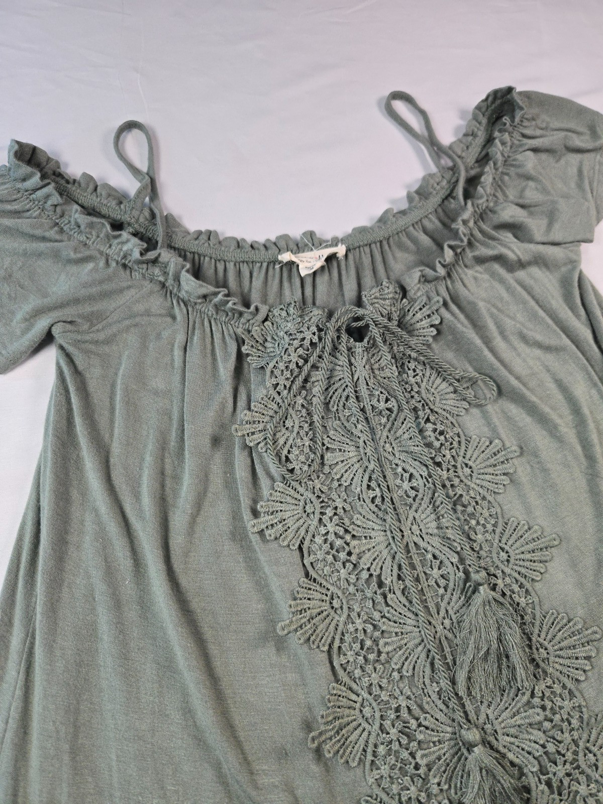 Sage Green Boho Peasant Top Size M Crochet Lace Off Shoulder Fairy Cottagecore