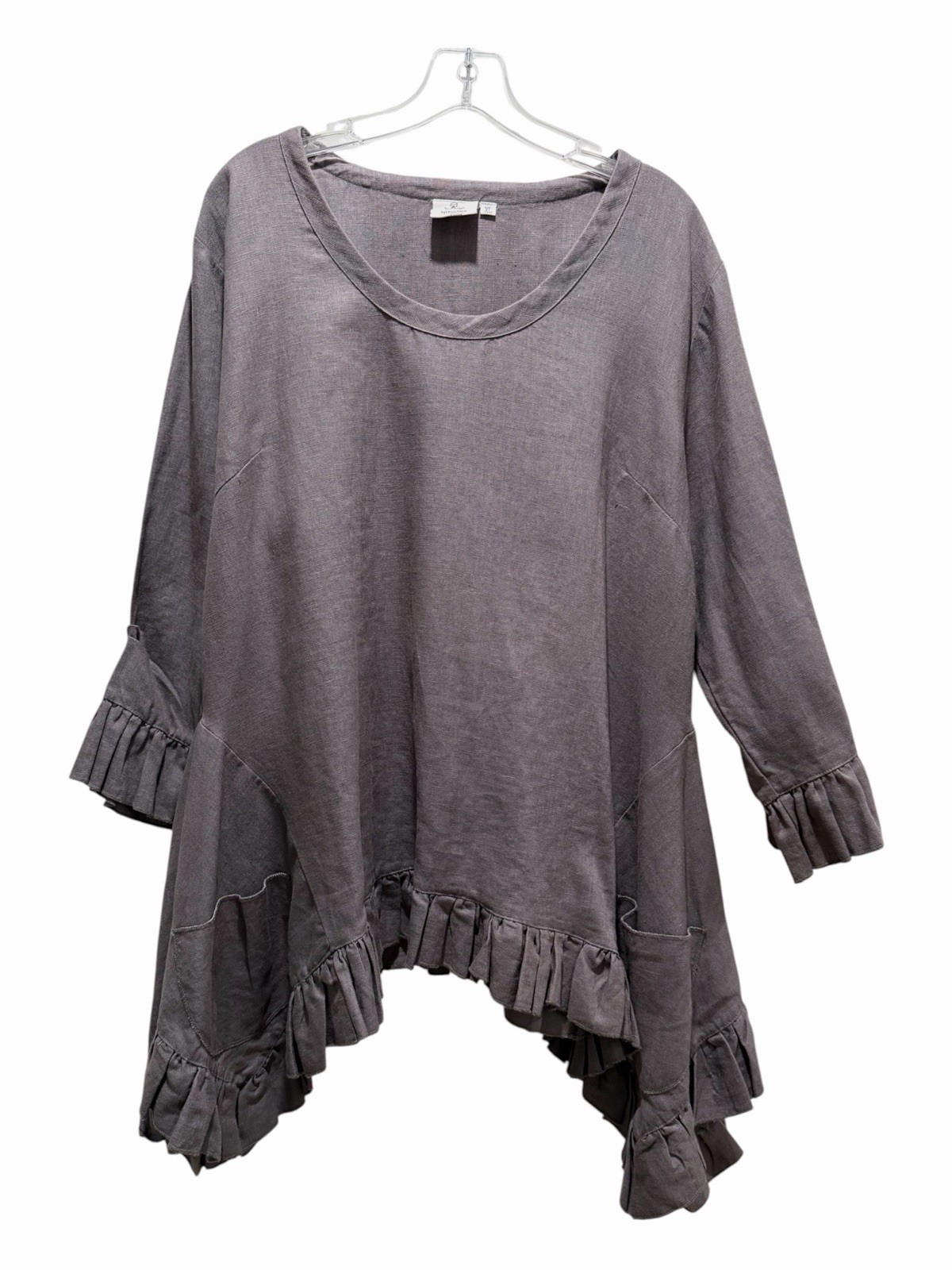 Sassy Rags Taupe Gray Ruffled Linen Tunic Top – Lagenlook, Boho – Extra Large