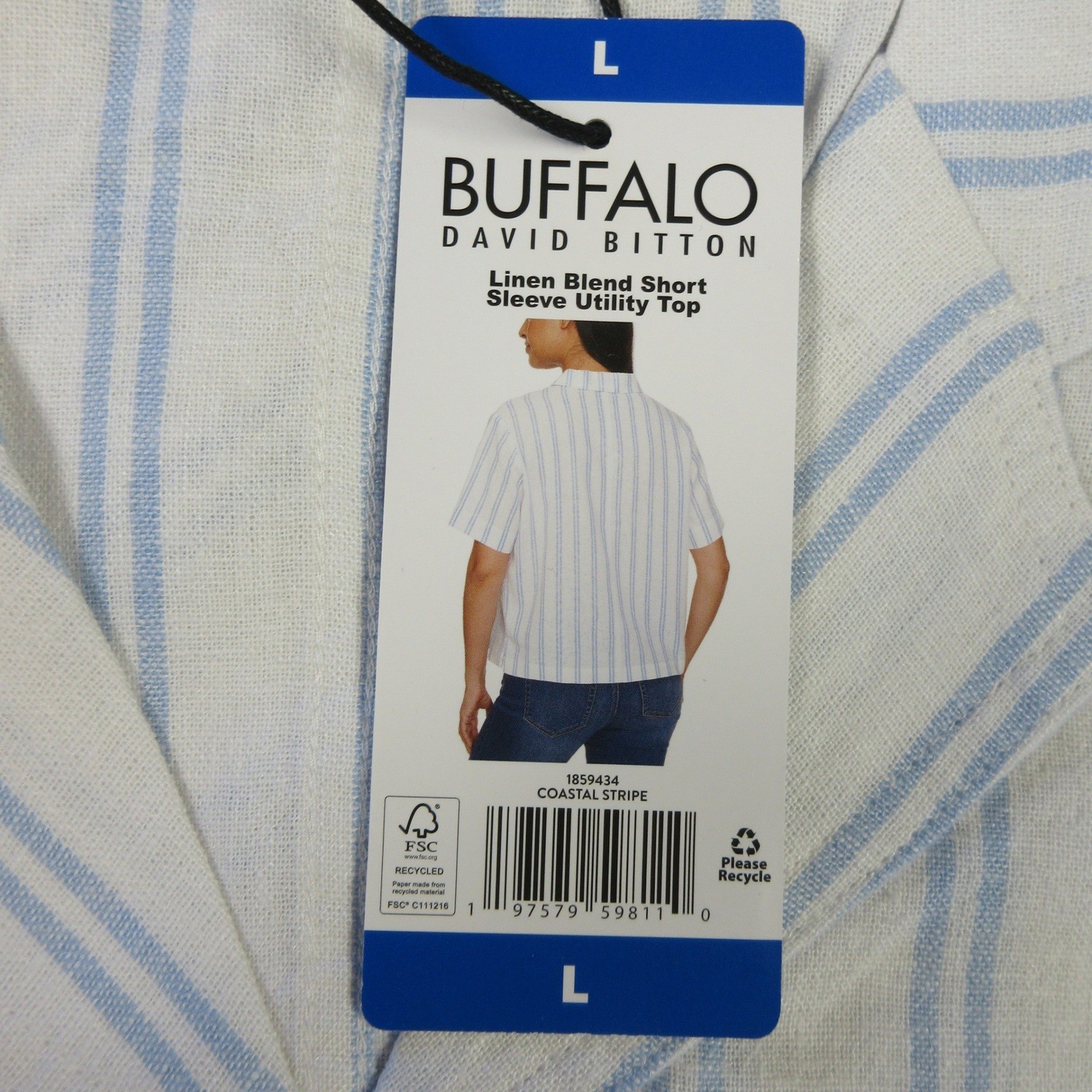 BUFFALO DAVID BITTON Linen Blend Striped Blouse L 14-16 Coastal Blue White NWT