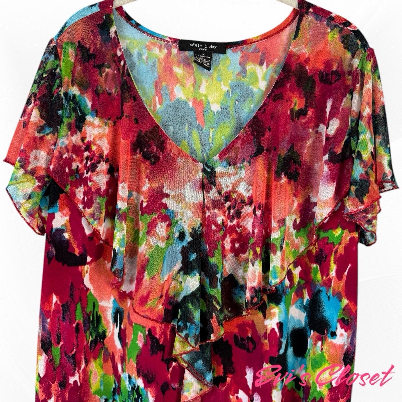 Adele & May Top Sheer Red Blue Green Short Flutter Sleeves V Neck Overlay Sz 1 X