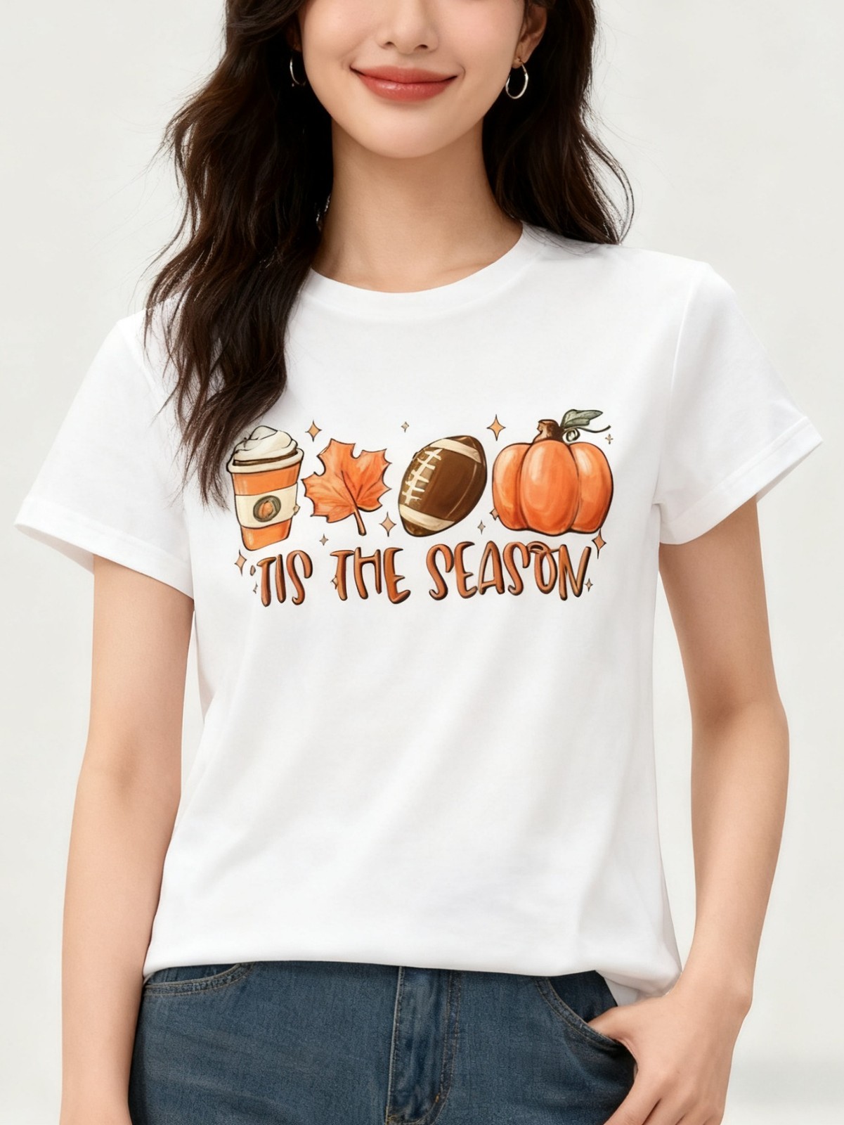 Women’s Fall TIS THE SEASON Graphic T-Shirt Coffee Maple Leaf Pumpkin Casual Tee