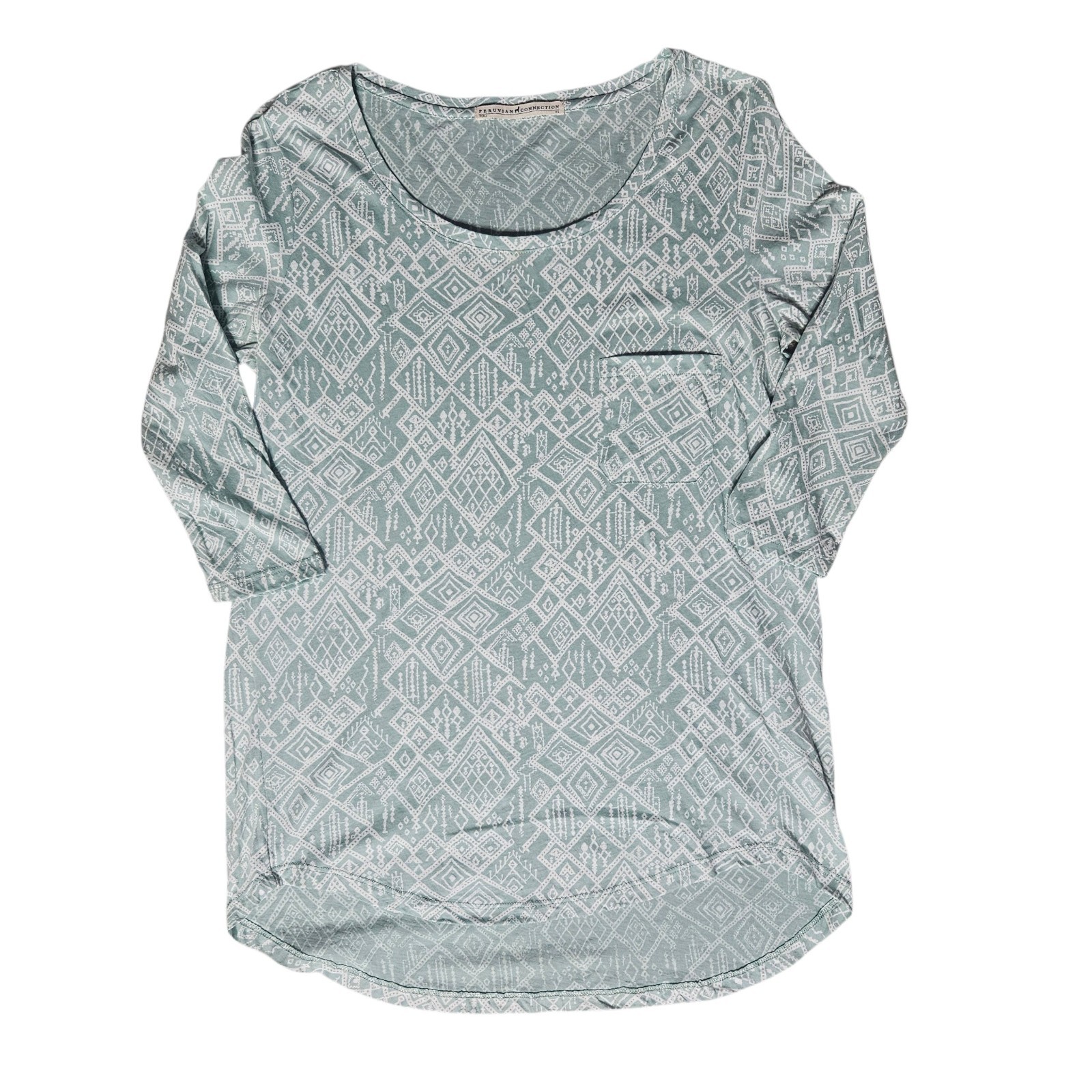 Peruvian Connection 3/4 Sleeve Green Geometric Top Women’s XS Pima Cotton Peru