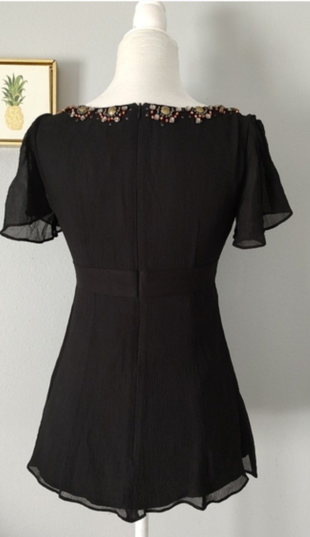 Nanette Lepore Top Blouse Black Size 2 Zipper Back Embellished Neck Good Conditi