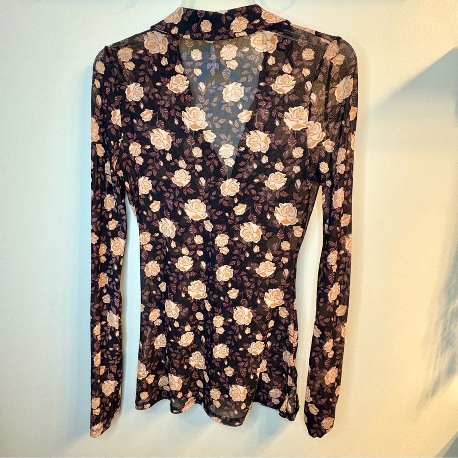 Free People Lucky Shirtee Black Tan Brown & Purple Sheer Mesh Layering Top Sz S