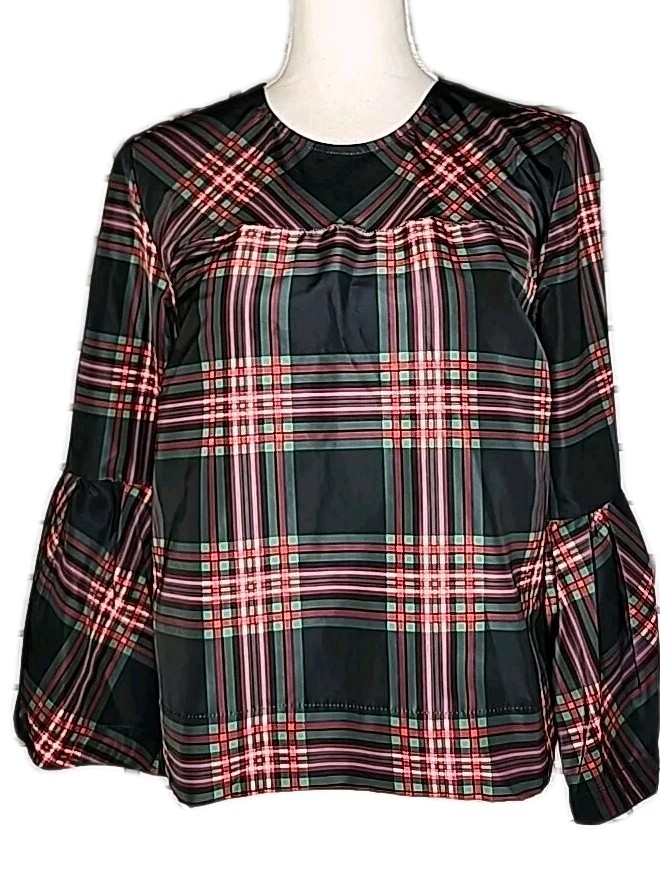 NWT Free Assembly Women’s Long Bell Sleeve Plaid Blouse Top Size XS Multicolor