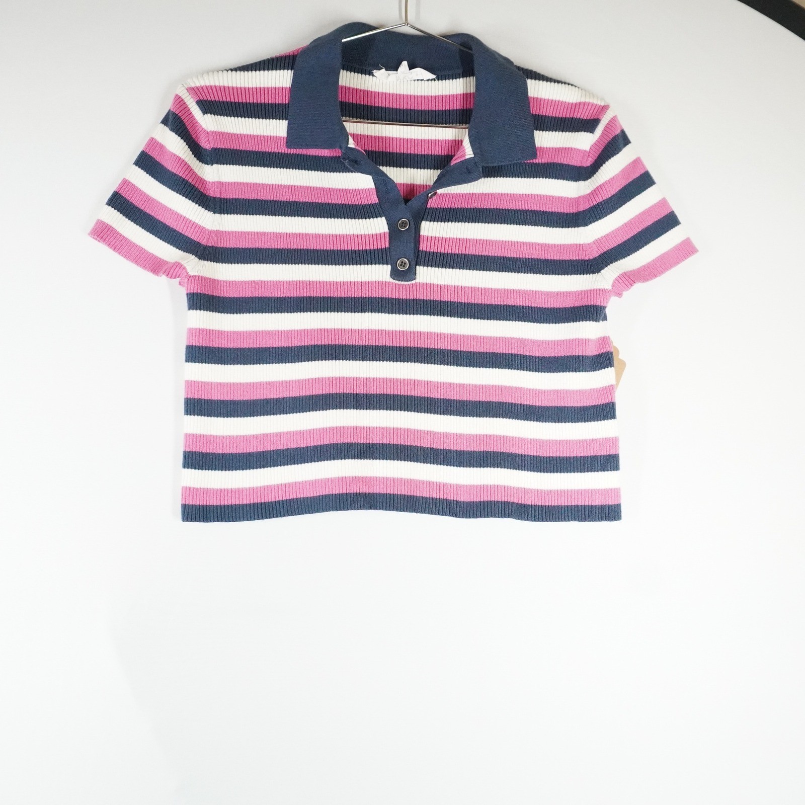 Madden NYC Polo Top Womens XL Pink Navy Striped Ribbed Cropped Preppy Y2K Shirt