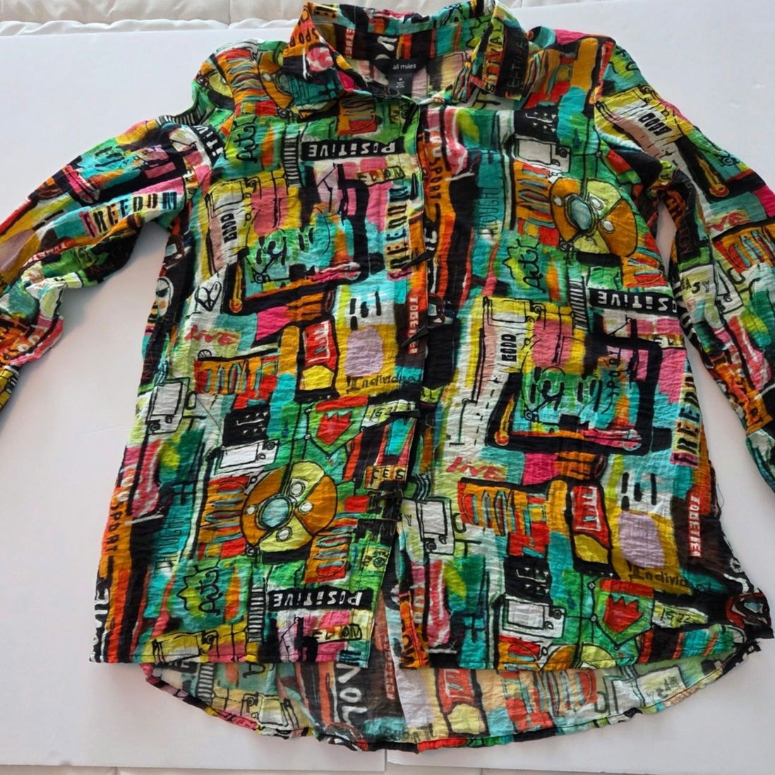 Ali Miles Abstract Art Graffiti Crinkle Tunic Blouse Multi-Color M