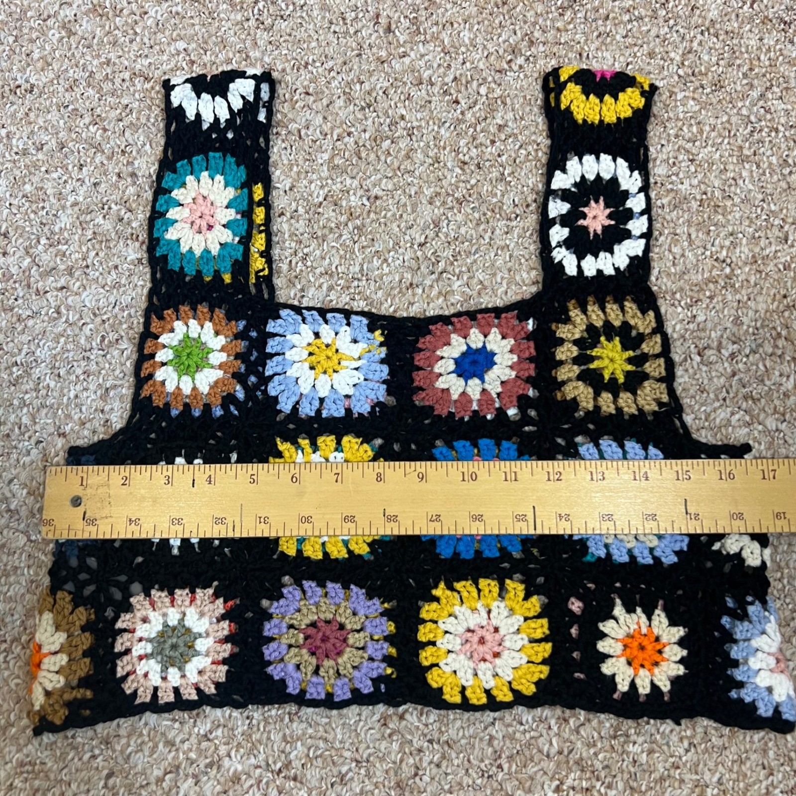 Handmade Crochet Granny Square Crop Top Multi-Color Boho Knit Tank Vest Black