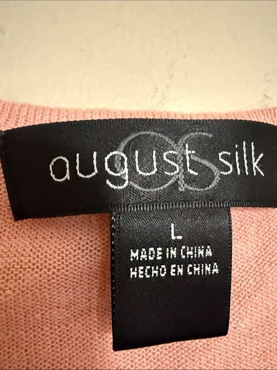 august silk Peach Short Sleeve Tee blouse women L linen Applique details boho