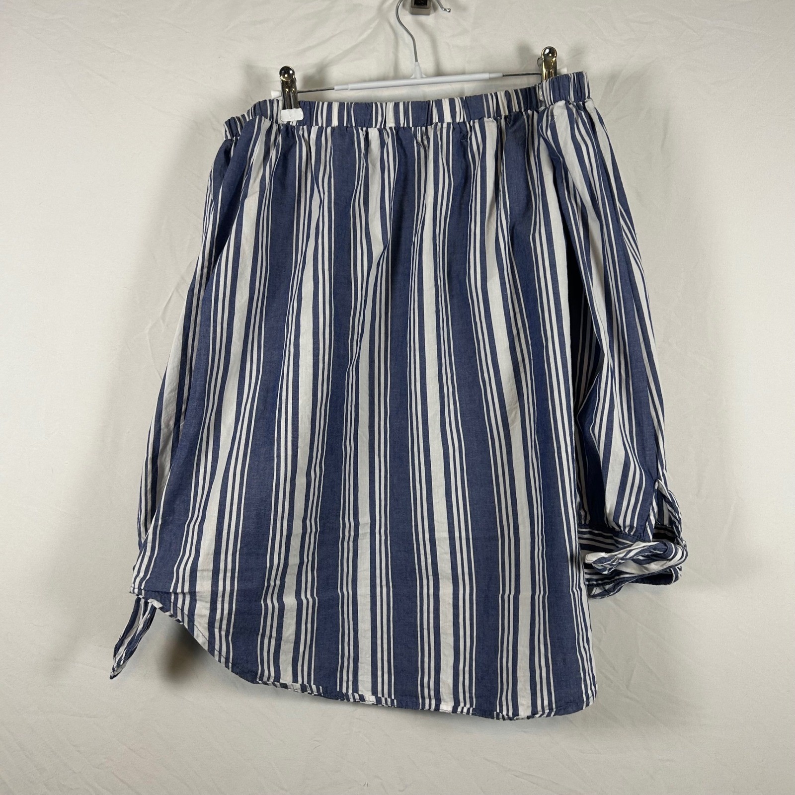 No Comment NY LA Off The Shoulder Striped Blouse Blue White XL Tie Sleeve