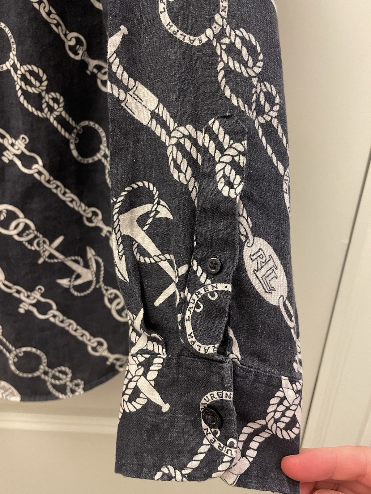 Lauren Ralph Lauren Shirt Nautical Print 1/2 Button Up Linen Navy Blue Womens XL