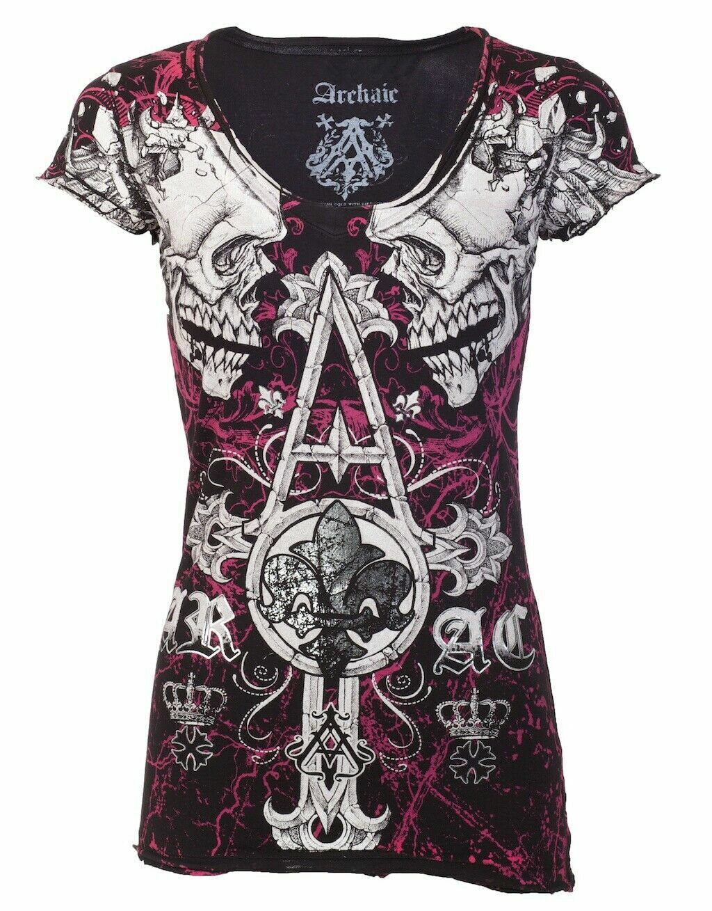 ARCHAIC by AFFLICTION Tall Tale Black Pink Slim Fit Womens V-neck T-shirt L-XL