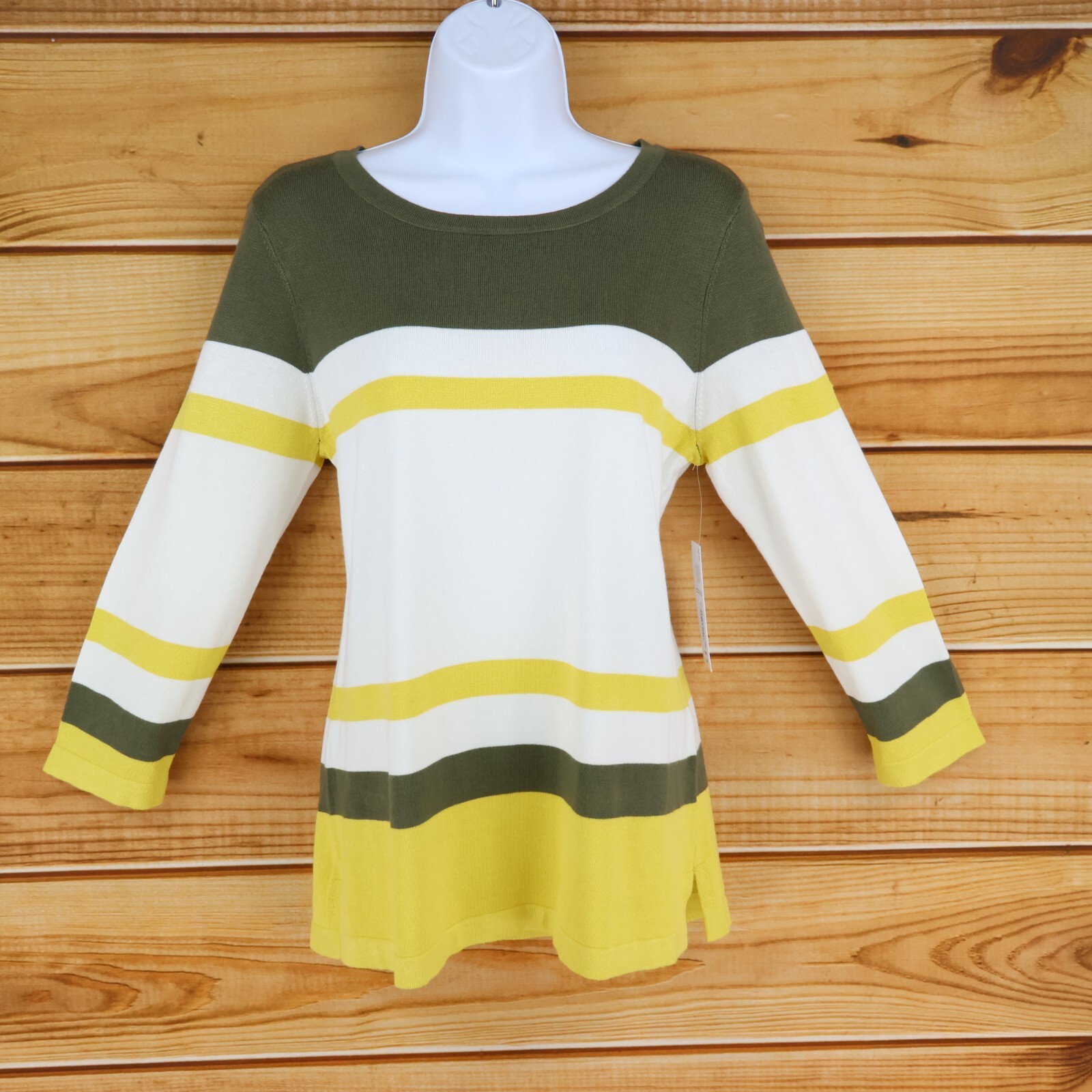 Liz Claiborne Stretch Knit Top Womens XS White Green Yellow Stripes Long Sleeve