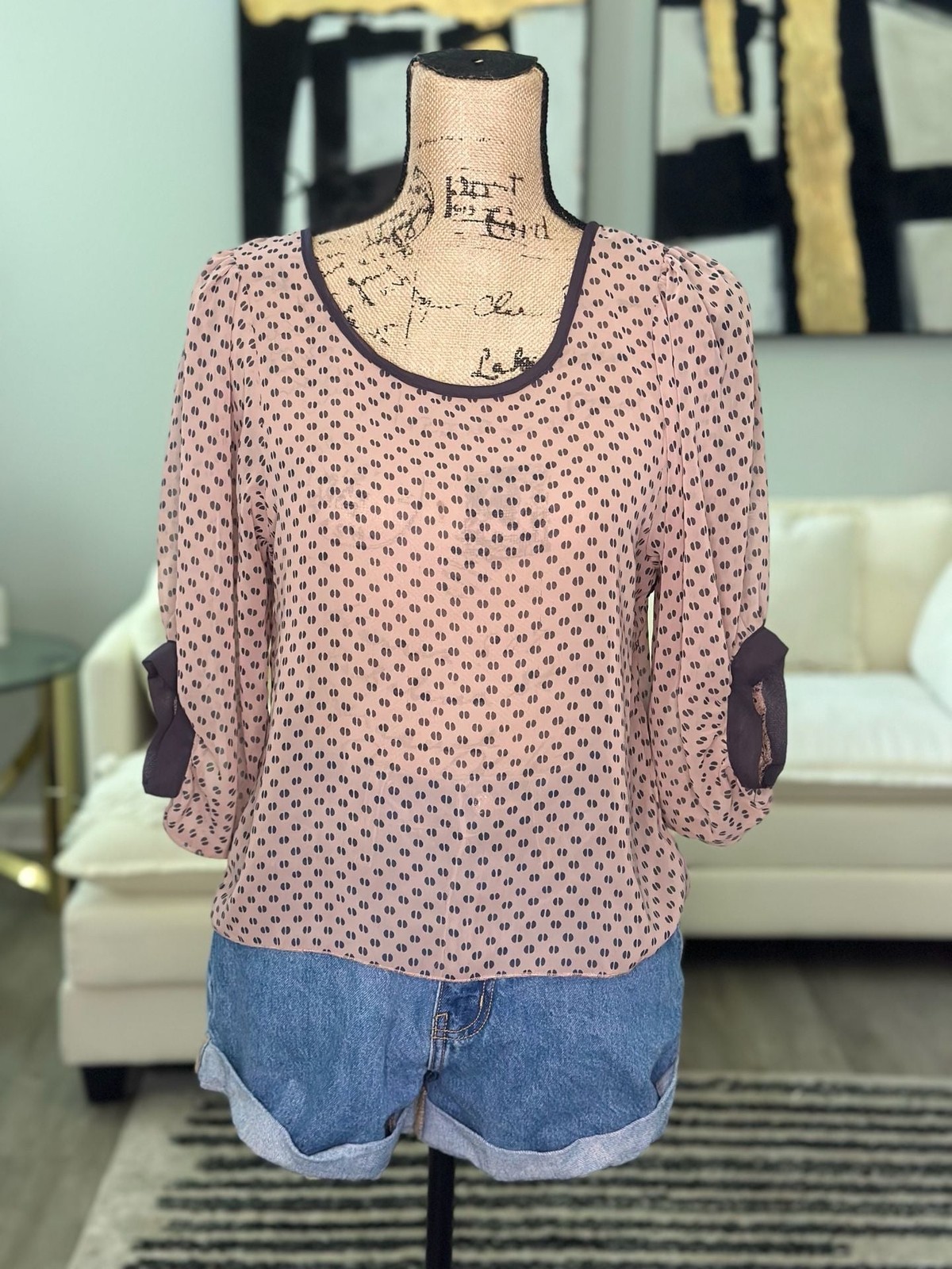 Love Culture Blush Pink and Black Geometric Print Cut-Out Back Blouse