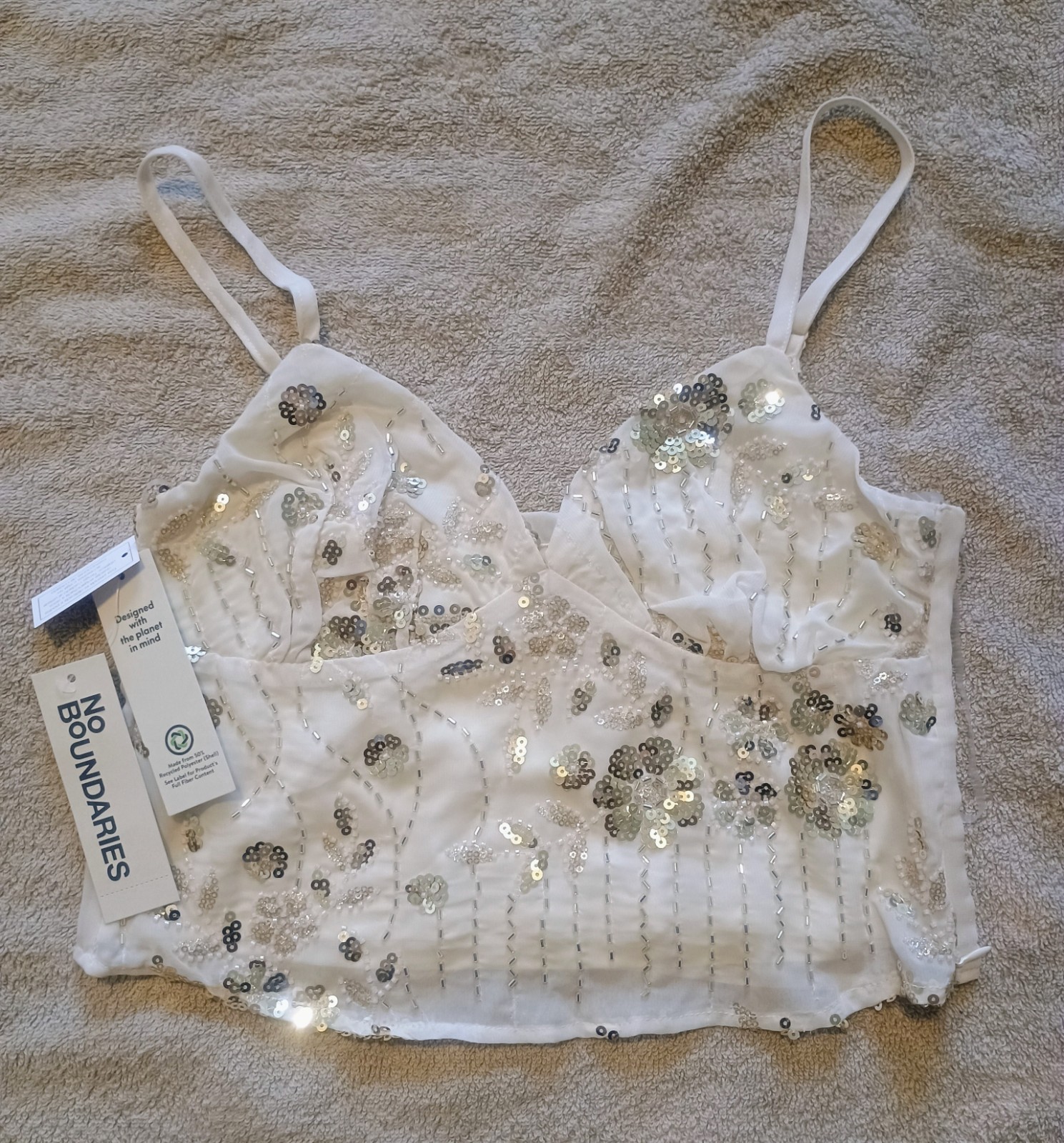 No Boundaries Juniors TD Ivory Floral Sequin Beaded Cami Sz XS(0-2) NWT