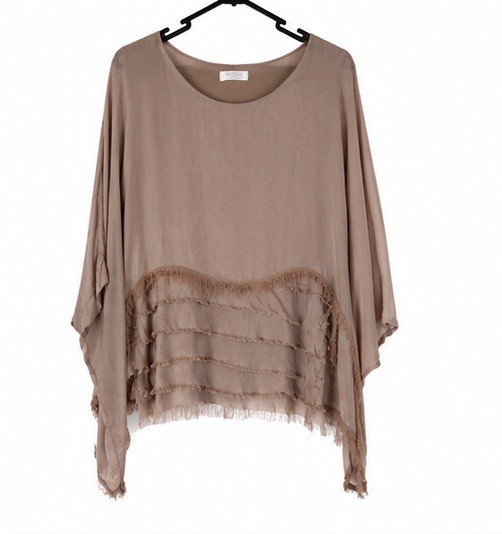 Imagine Fashion Italy 100% Silk Layered Fringe Top Taupe One Size Made in Italy